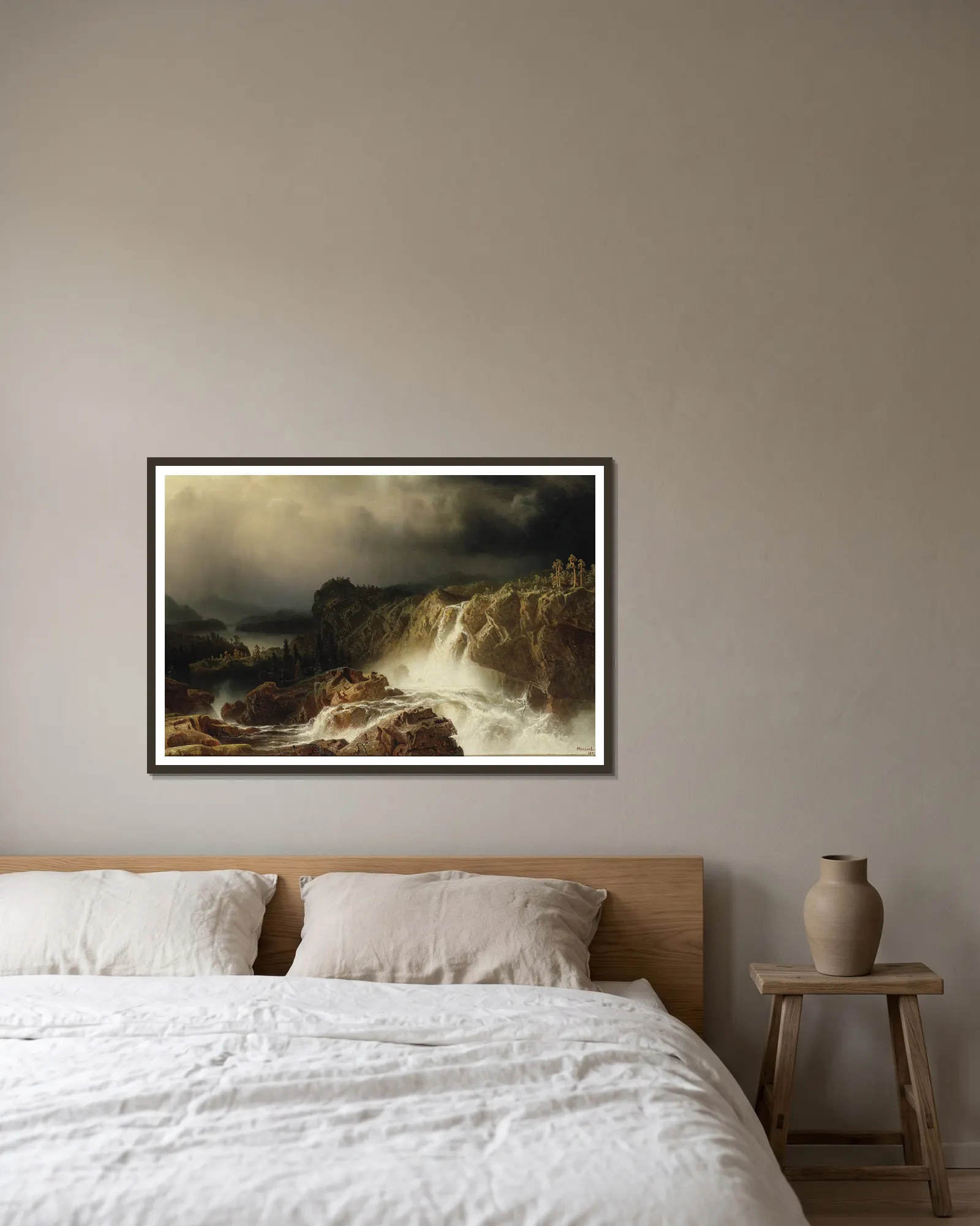 Rocky Landscape with Waterfall av Marcus Larson inramad på en vägg