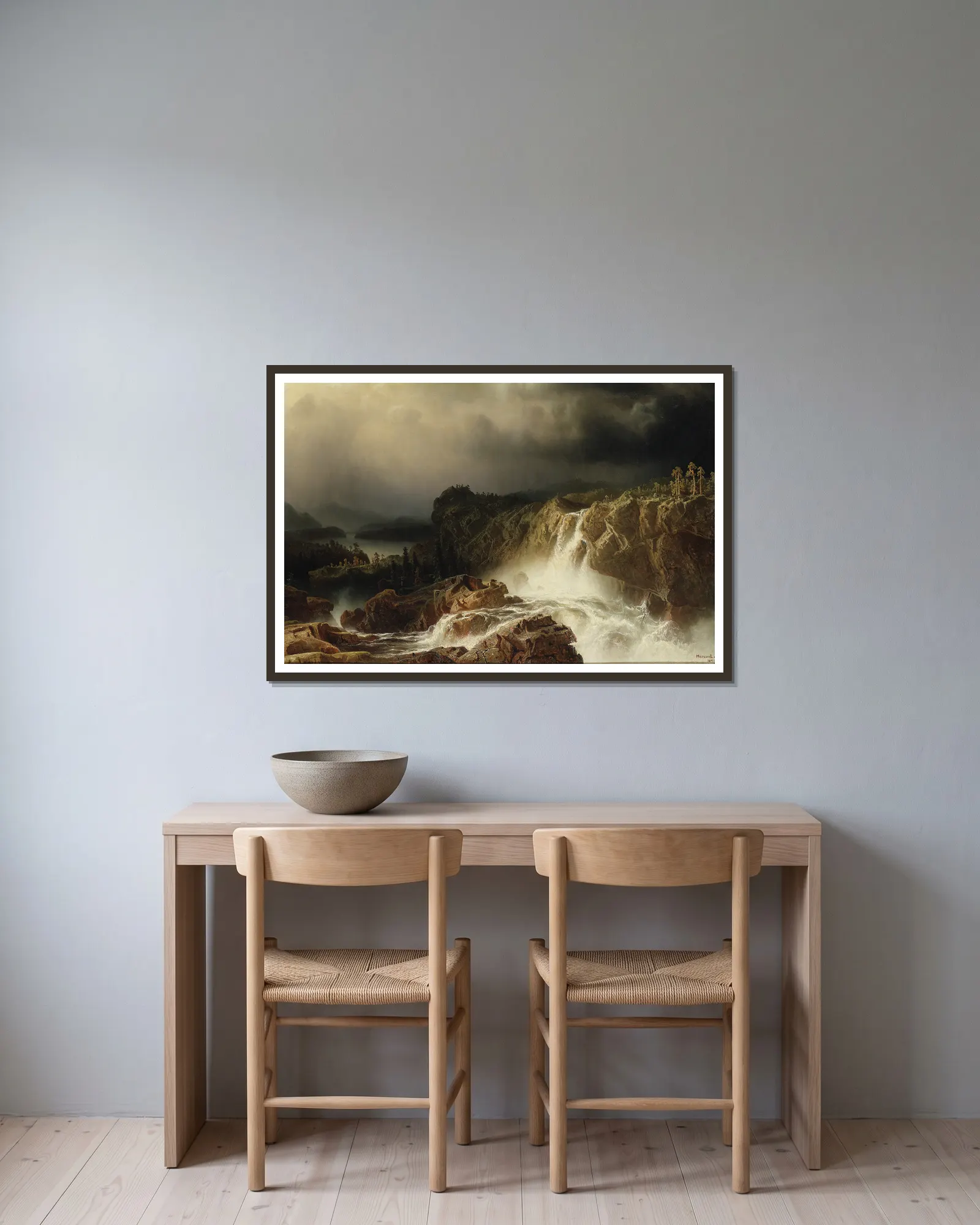 Rocky Landscape with Waterfall av Marcus Larson inramad på en vägg