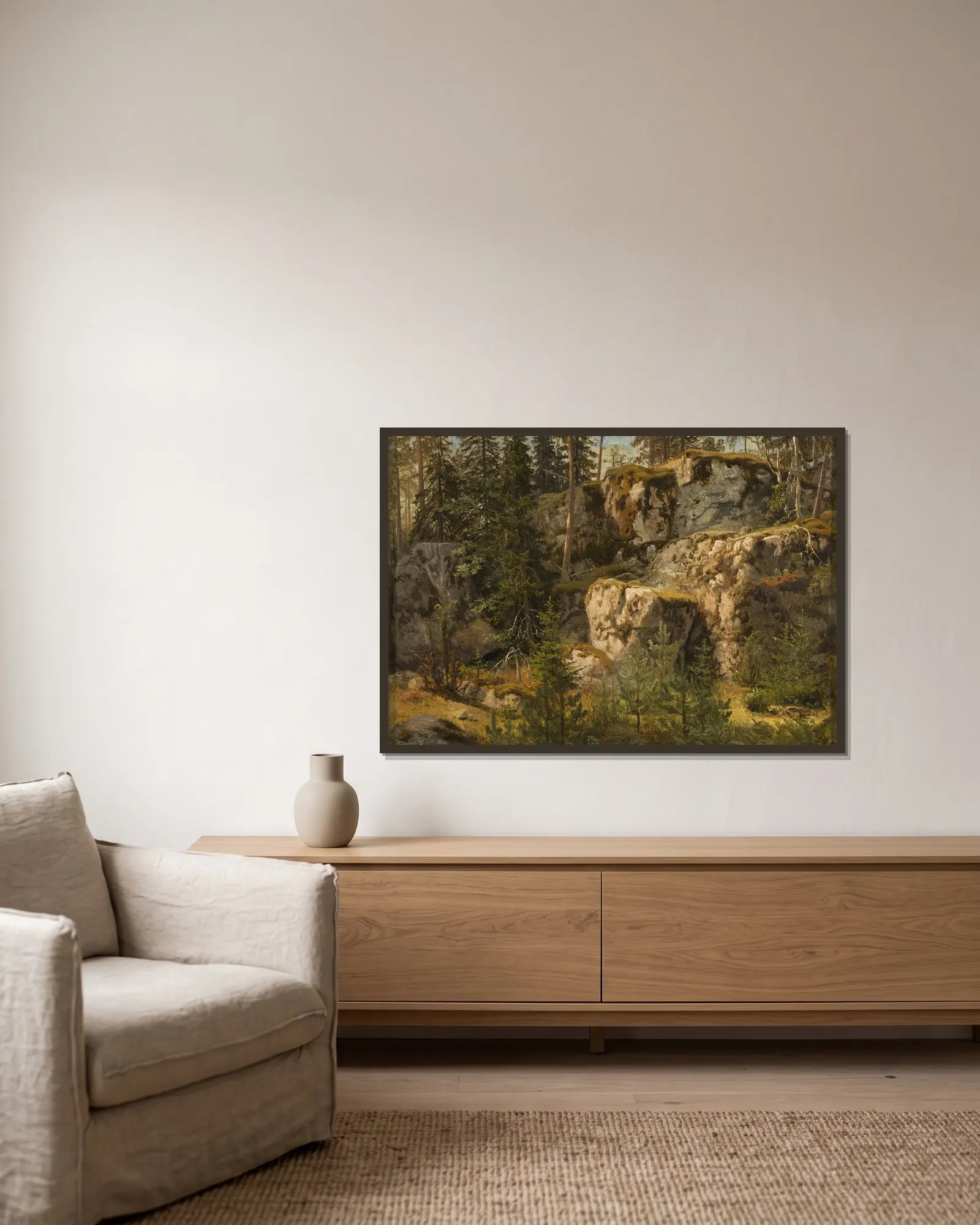 Stony Forest av Marcus Larson inramad på en vägg