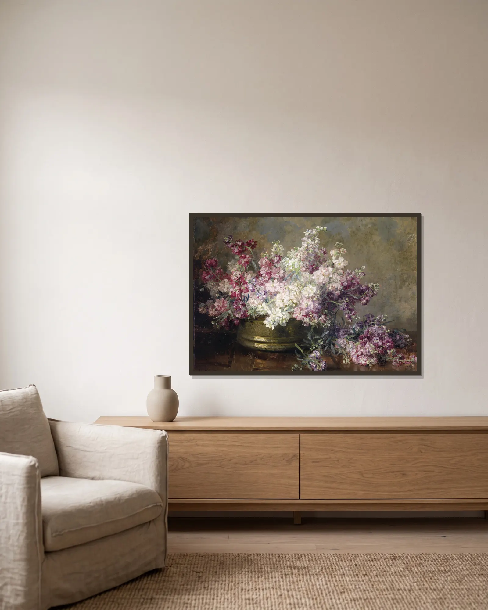 Schale mit Blumen av Marie Egner inramad på en vägg