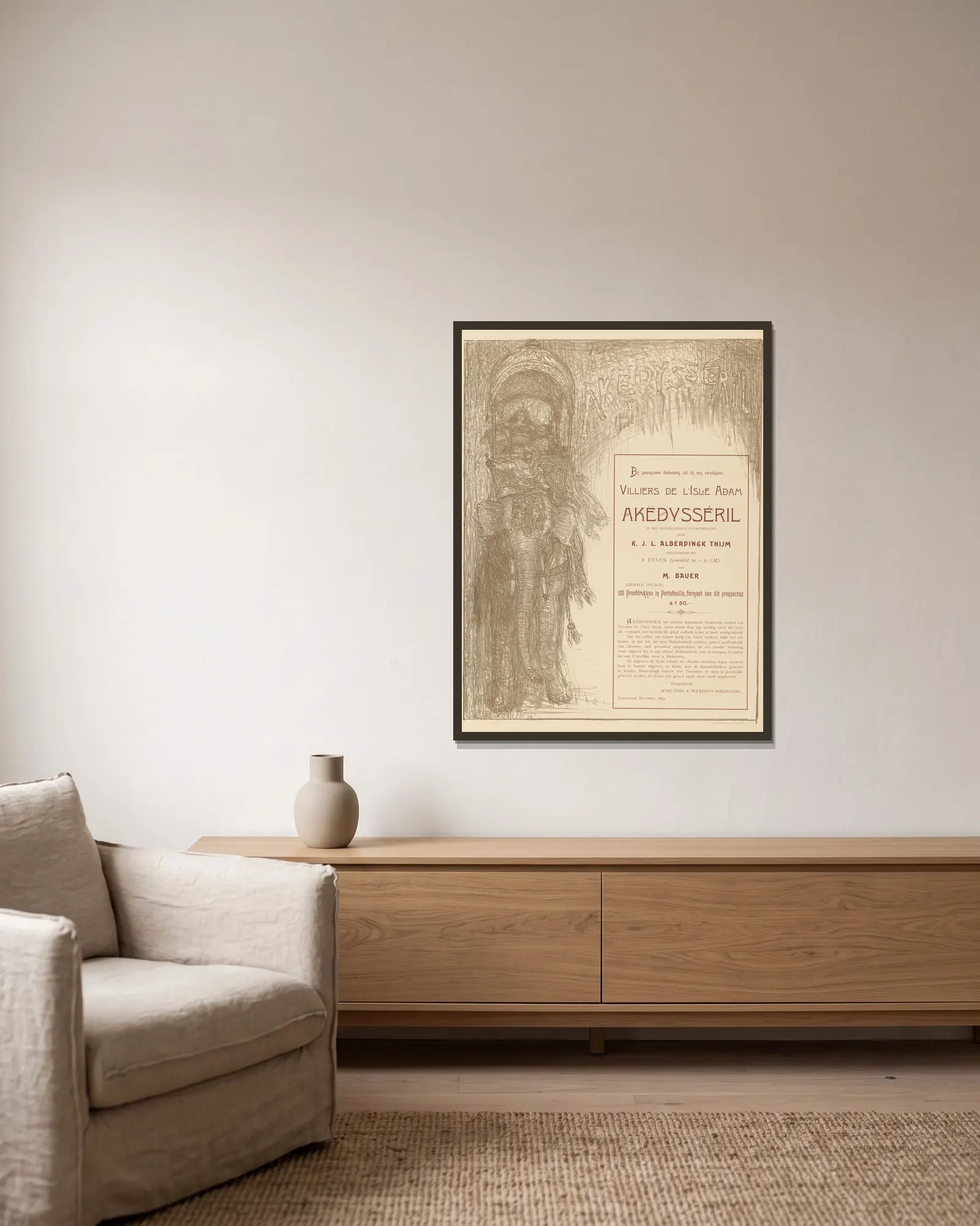 Affiche voor Akëdysséril av Marius Bauer inramad på en vägg