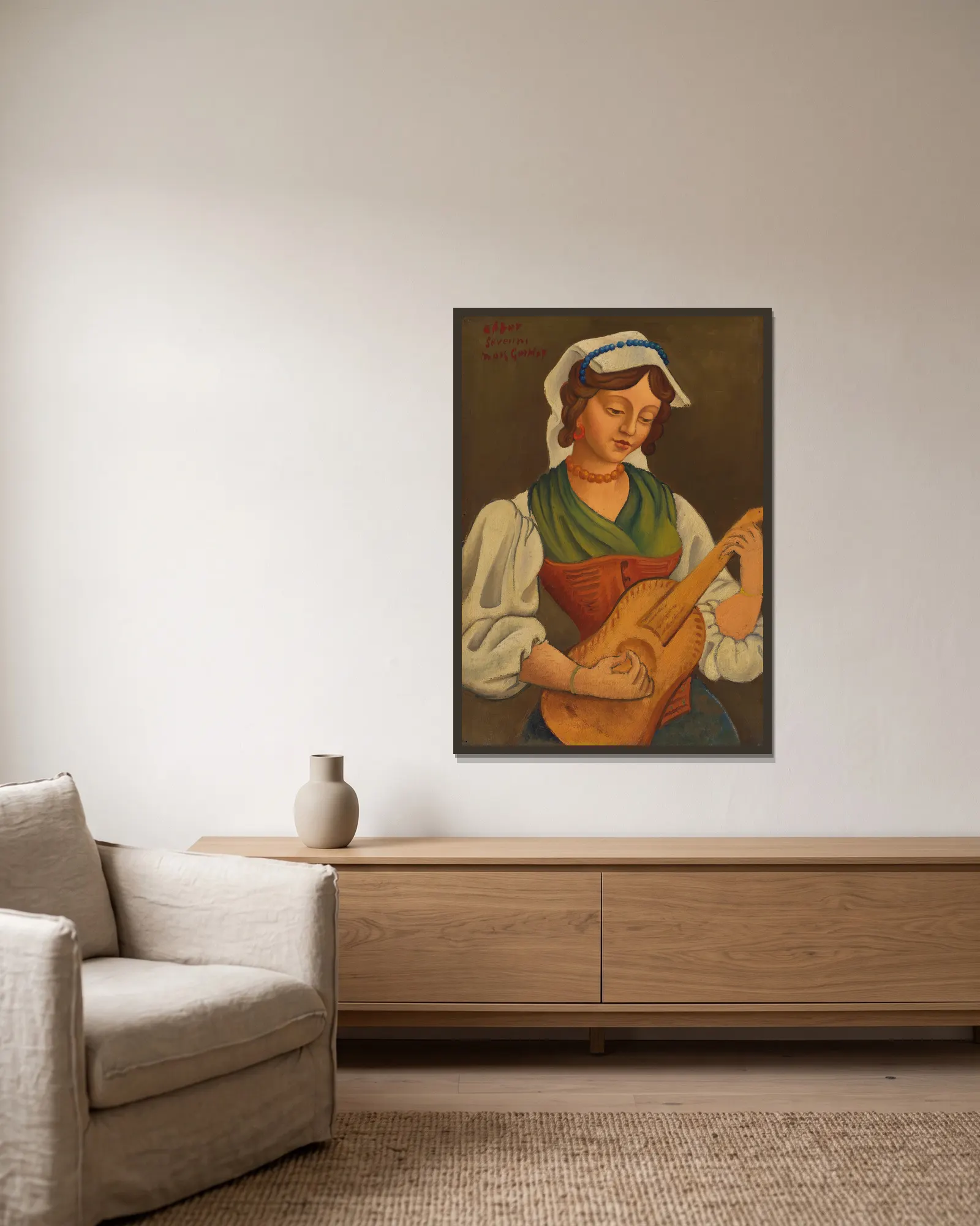 Girl with mandolin (after Gino Severini) av Mark Gertler inramad på en vägg