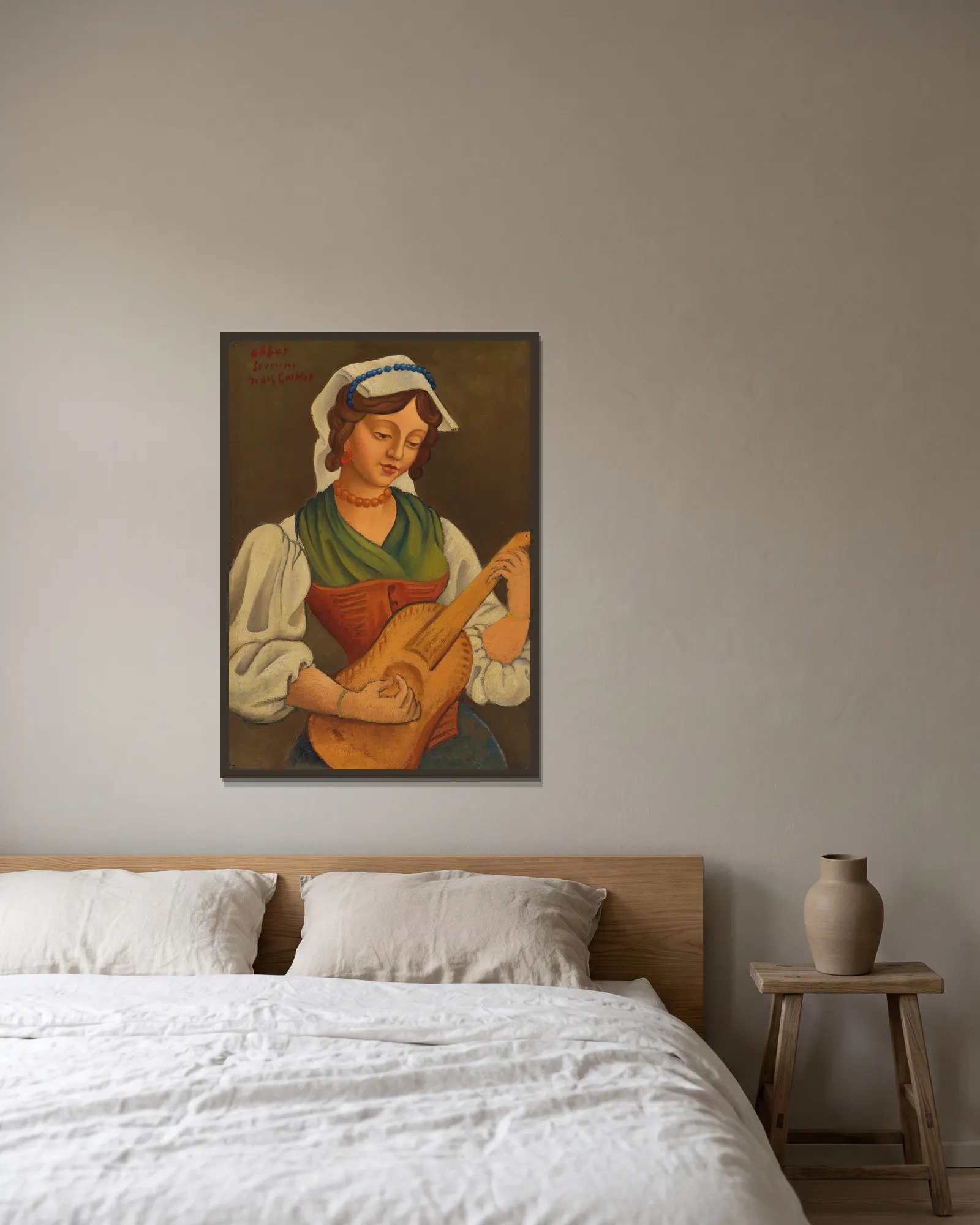 Girl with mandolin (after Gino Severini) av Mark Gertler inramad på en vägg