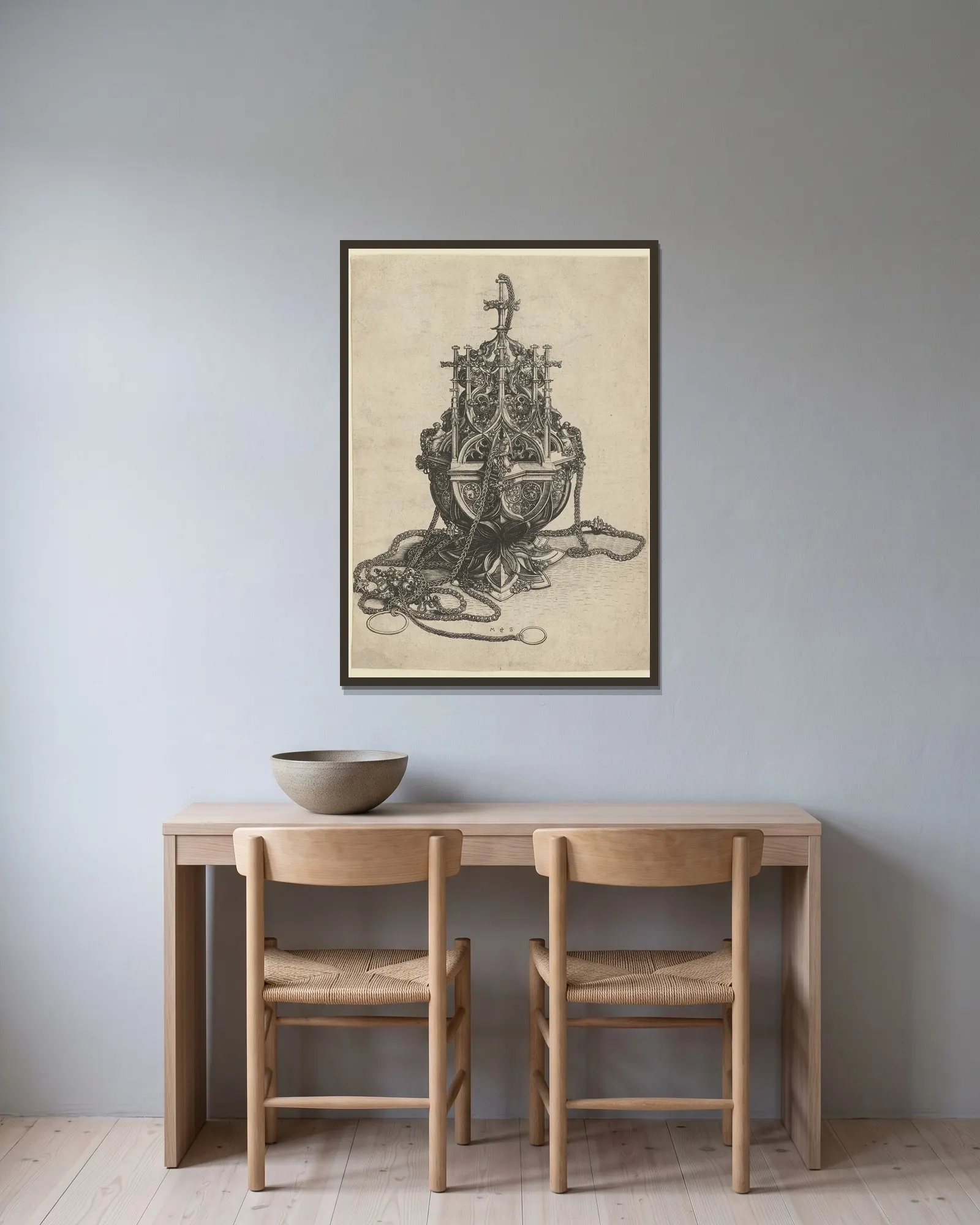 A Censer av Martin Schongauer inramad på en vägg