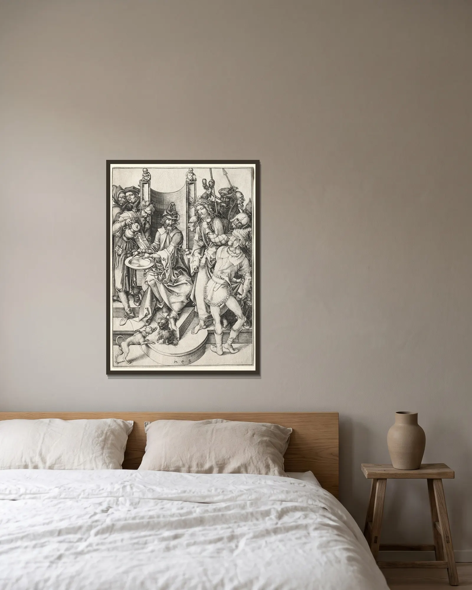 Christ Before Pilate av Martin Schongauer inramad på en vägg