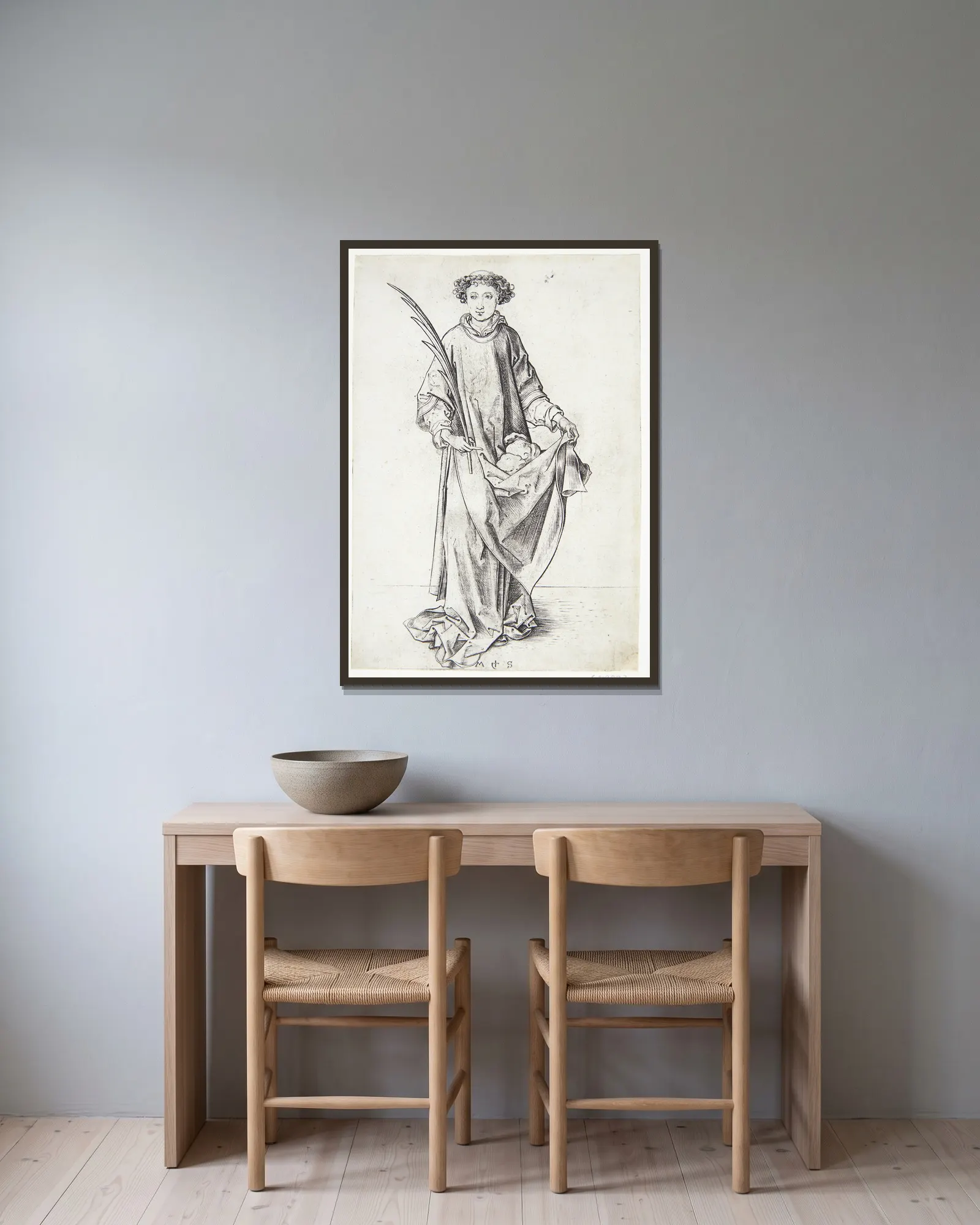 Den hellige Stefanus av Martin Schongauer inramad på en vägg