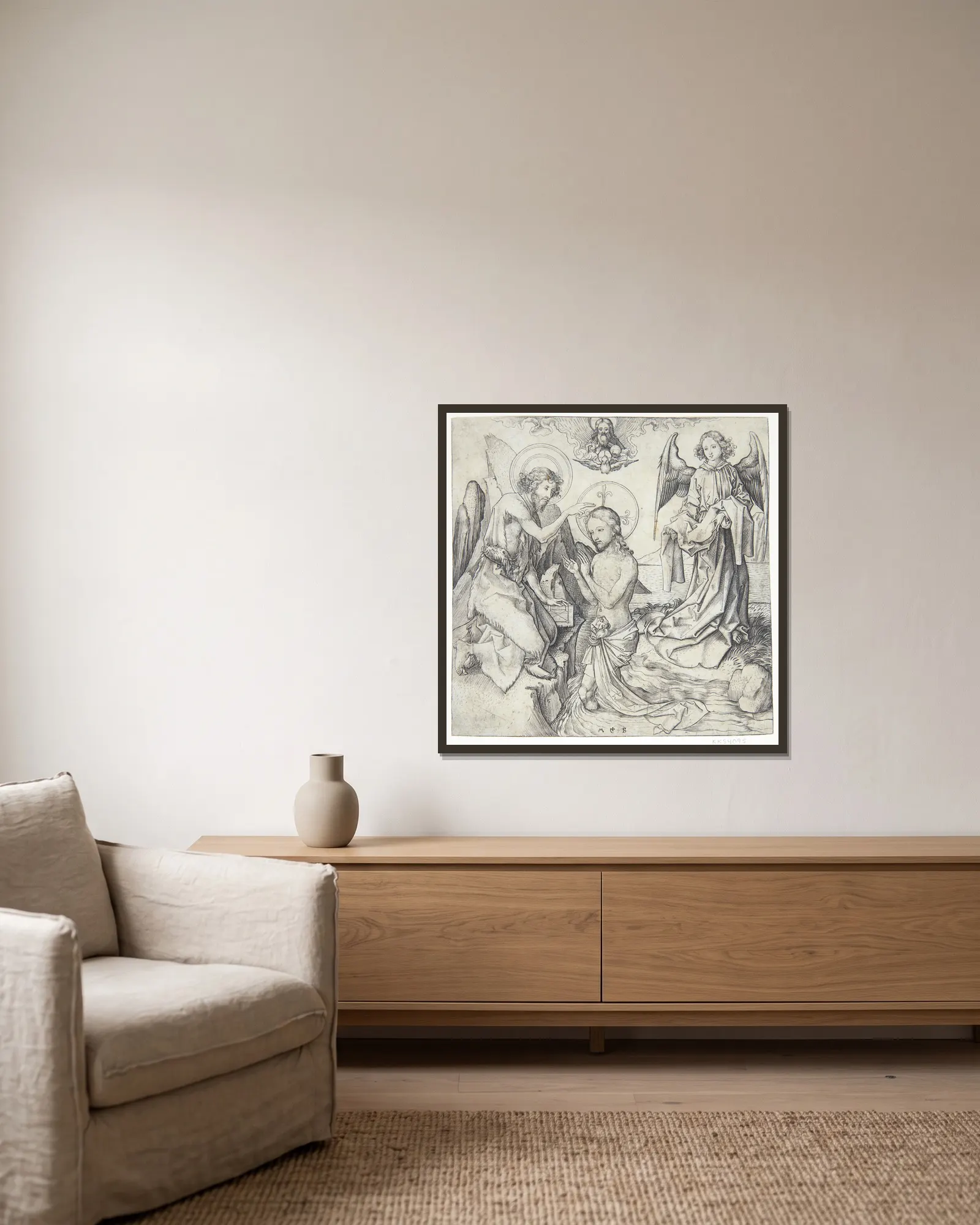 Jesu dåb av Martin Schongauer inramad på en vägg