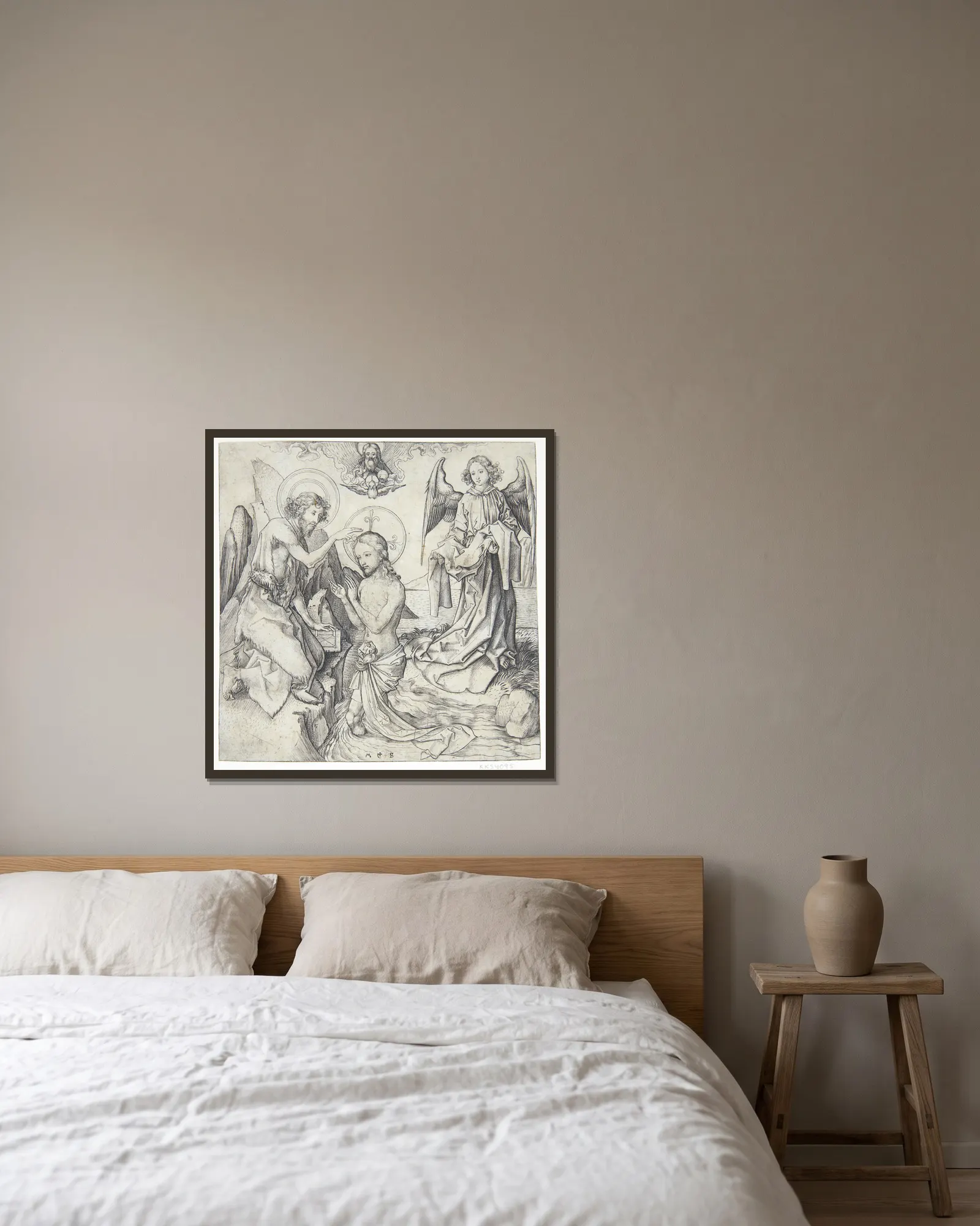 Jesu dåb av Martin Schongauer inramad på en vägg