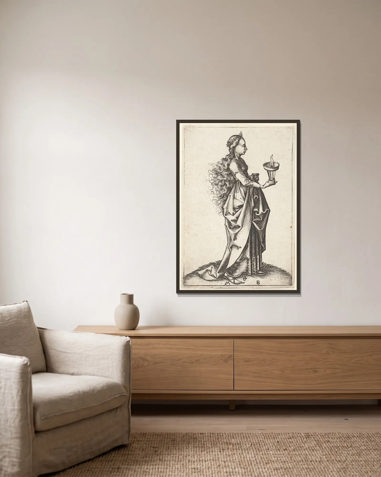 The fifth wise Virgin av Martin Schongauer inramad på en vägg