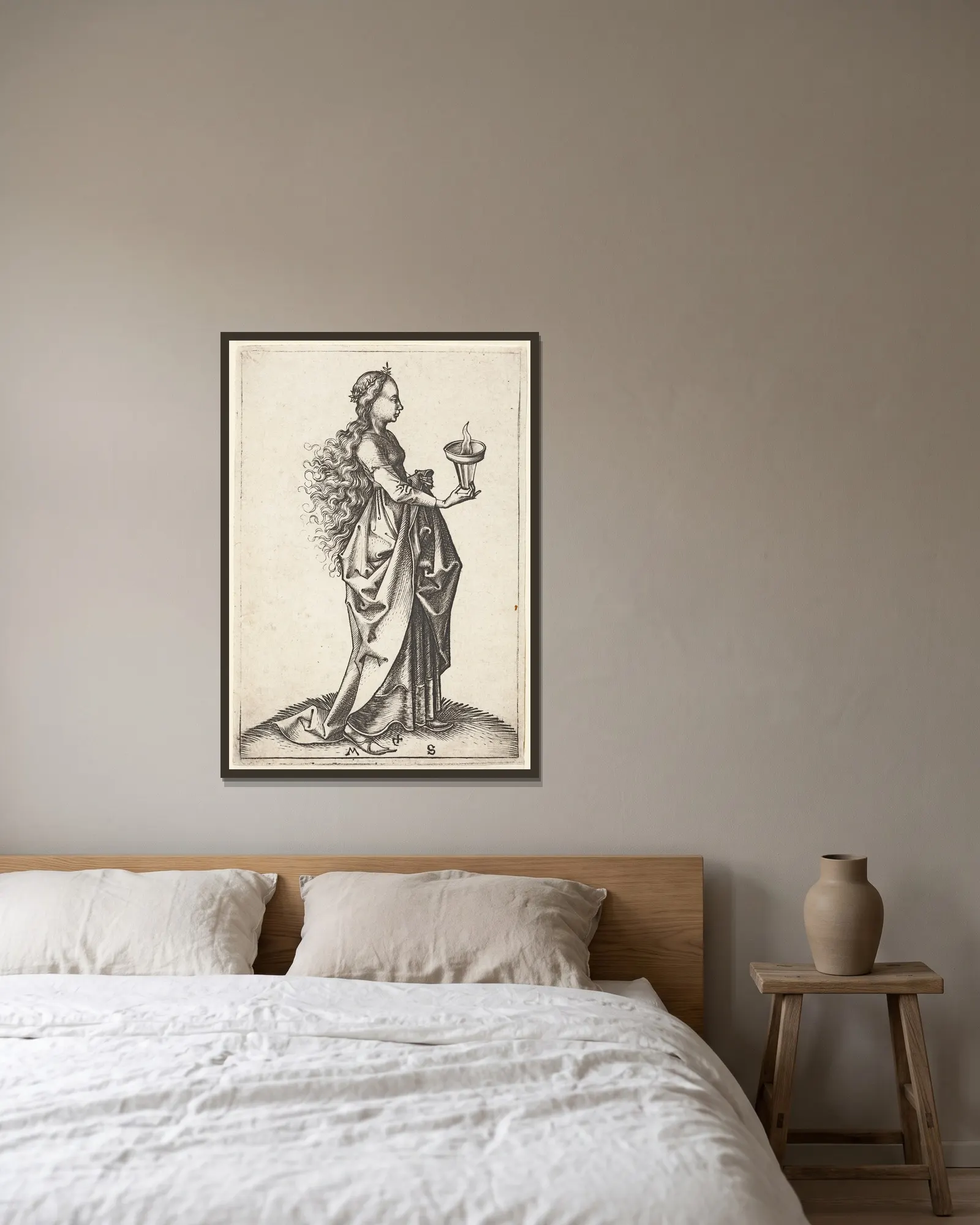 The fifth wise Virgin av Martin Schongauer inramad på en vägg
