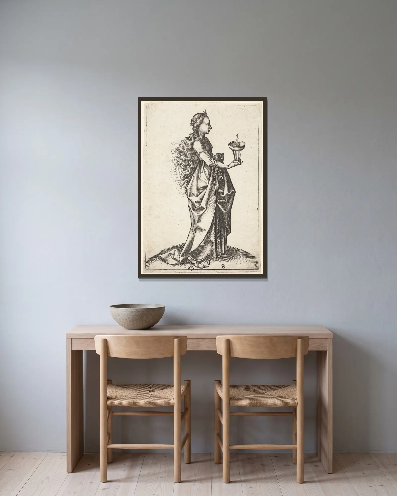 The fifth wise Virgin av Martin Schongauer inramad på en vägg