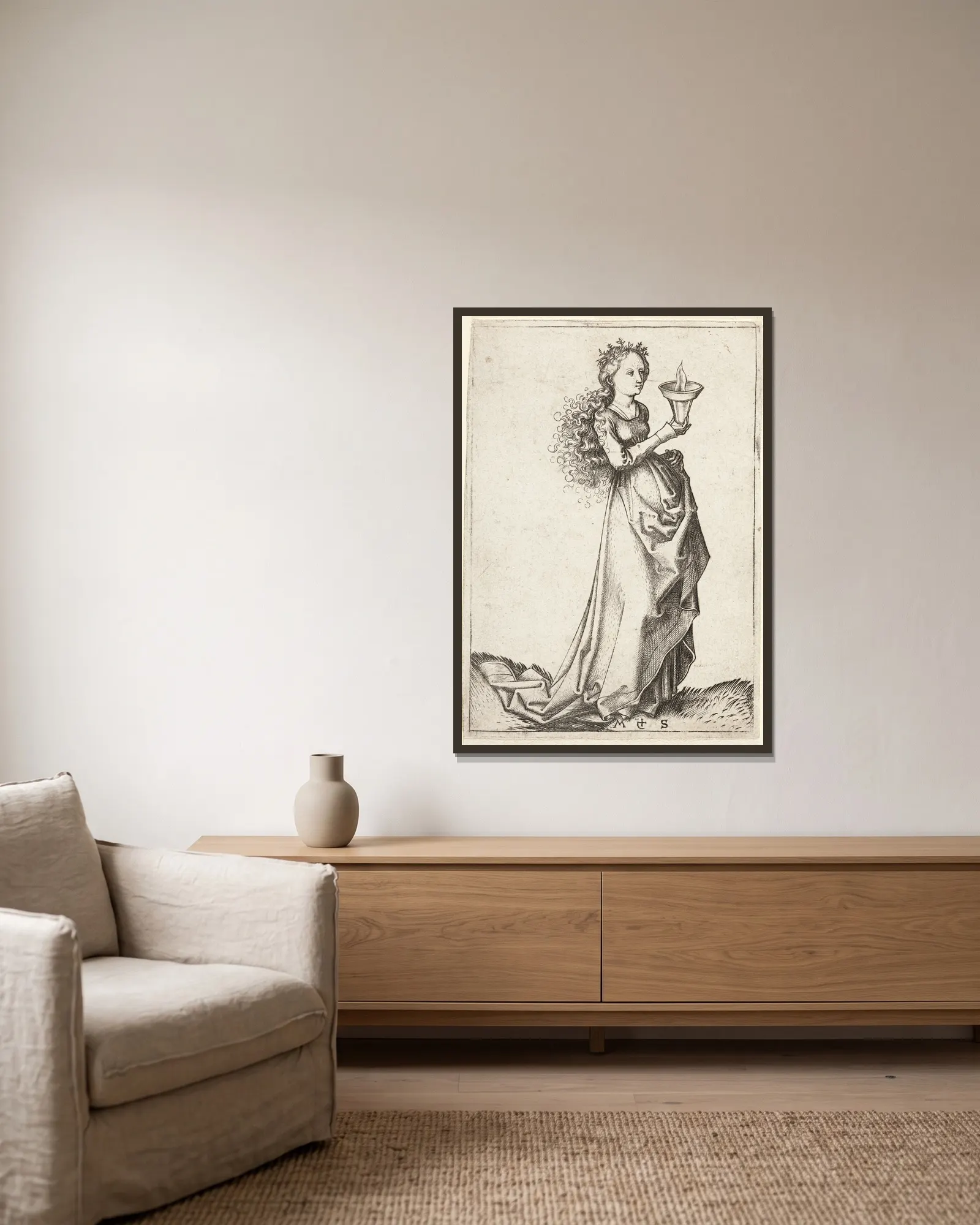 The first wise Virgin av Martin Schongauer inramad på en vägg