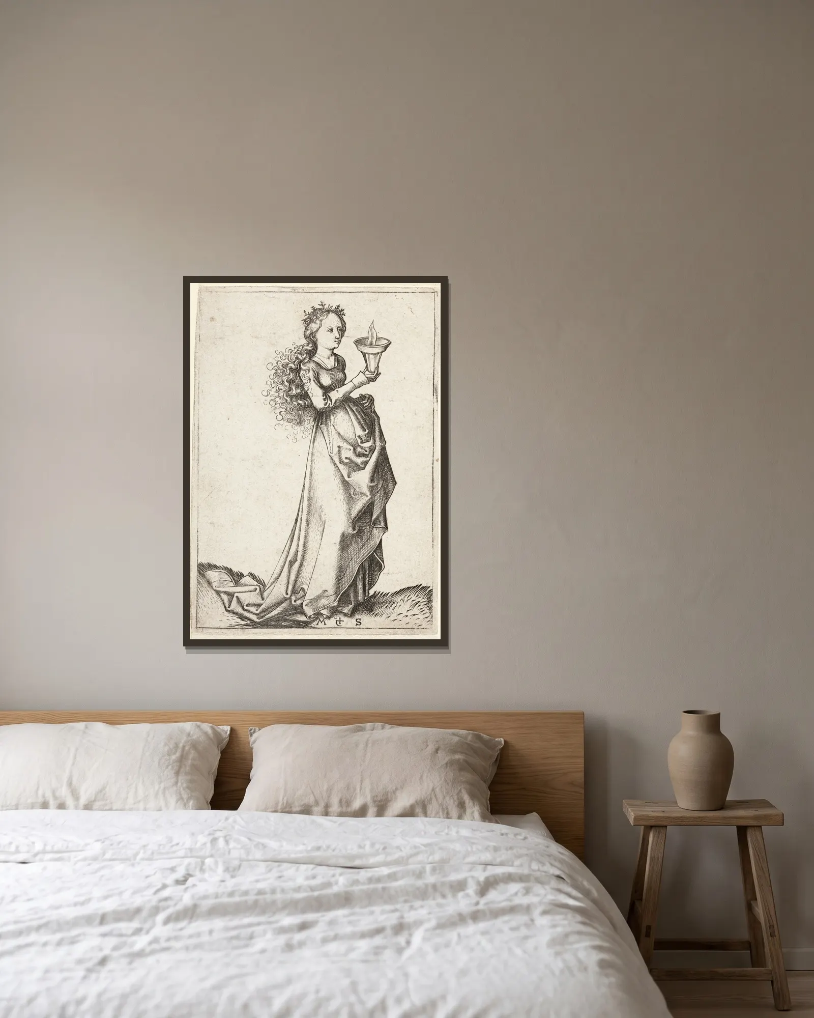 The first wise Virgin av Martin Schongauer inramad på en vägg