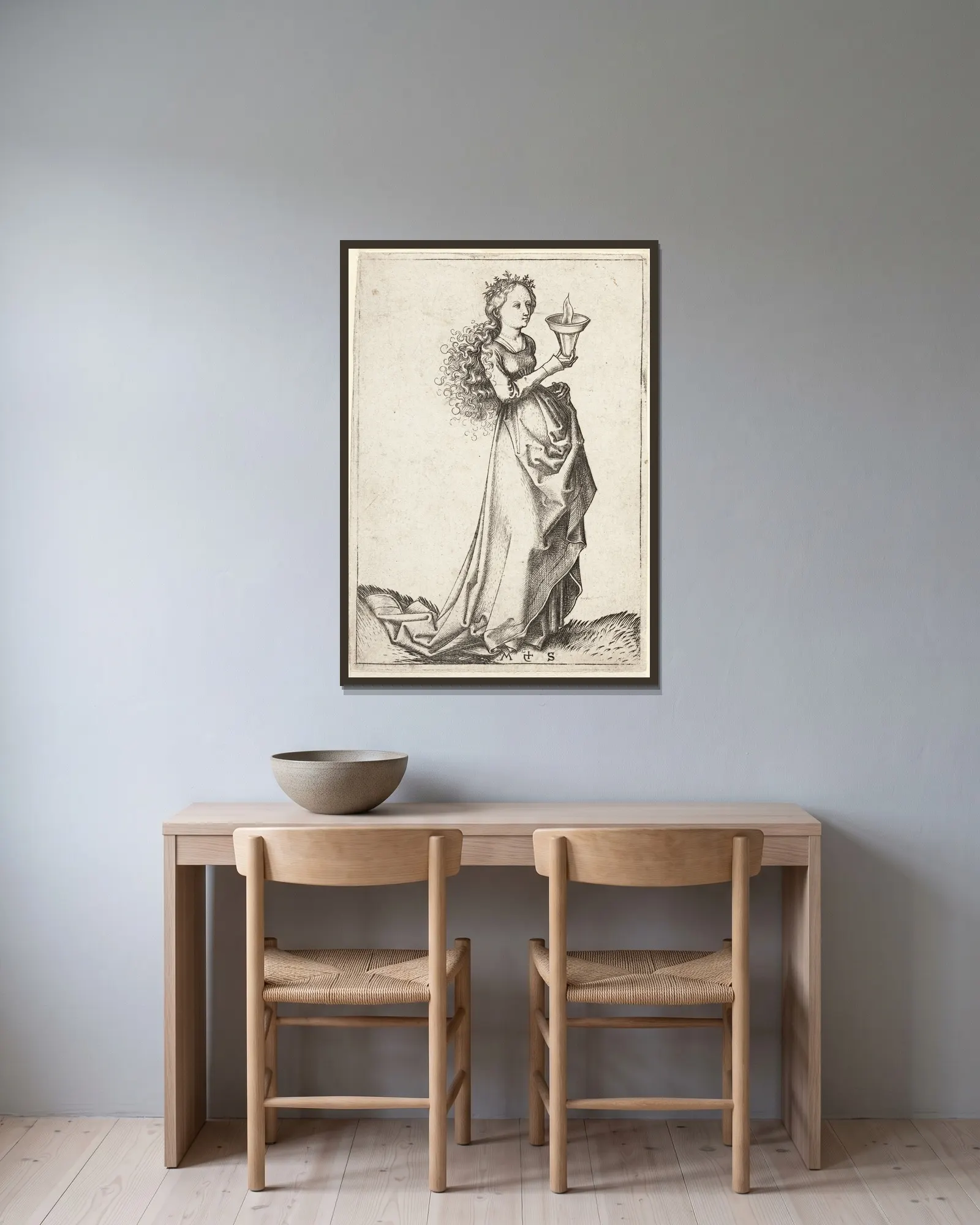 The first wise Virgin av Martin Schongauer inramad på en vägg