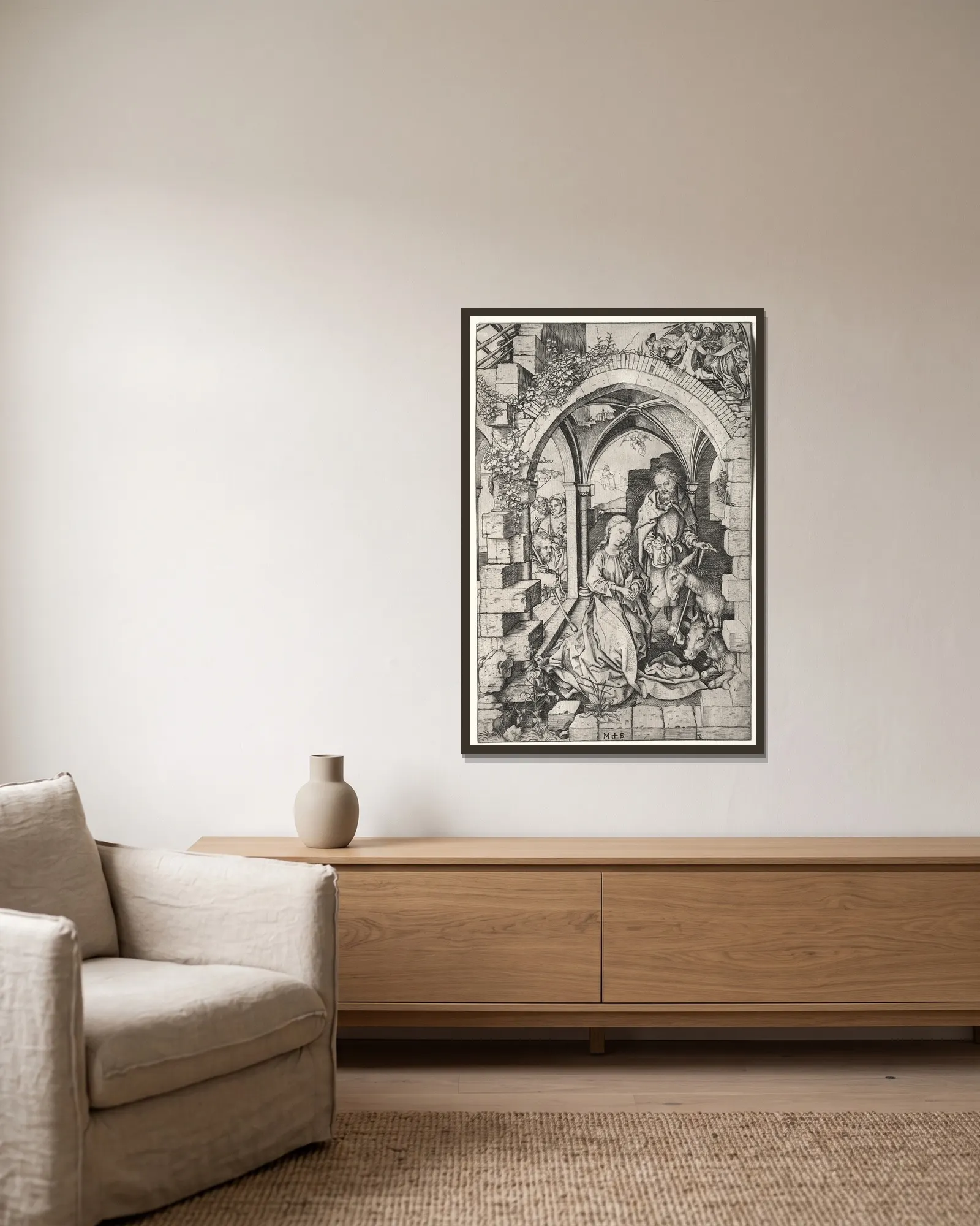 The Nativity av Martin Schongauer inramad på en vägg