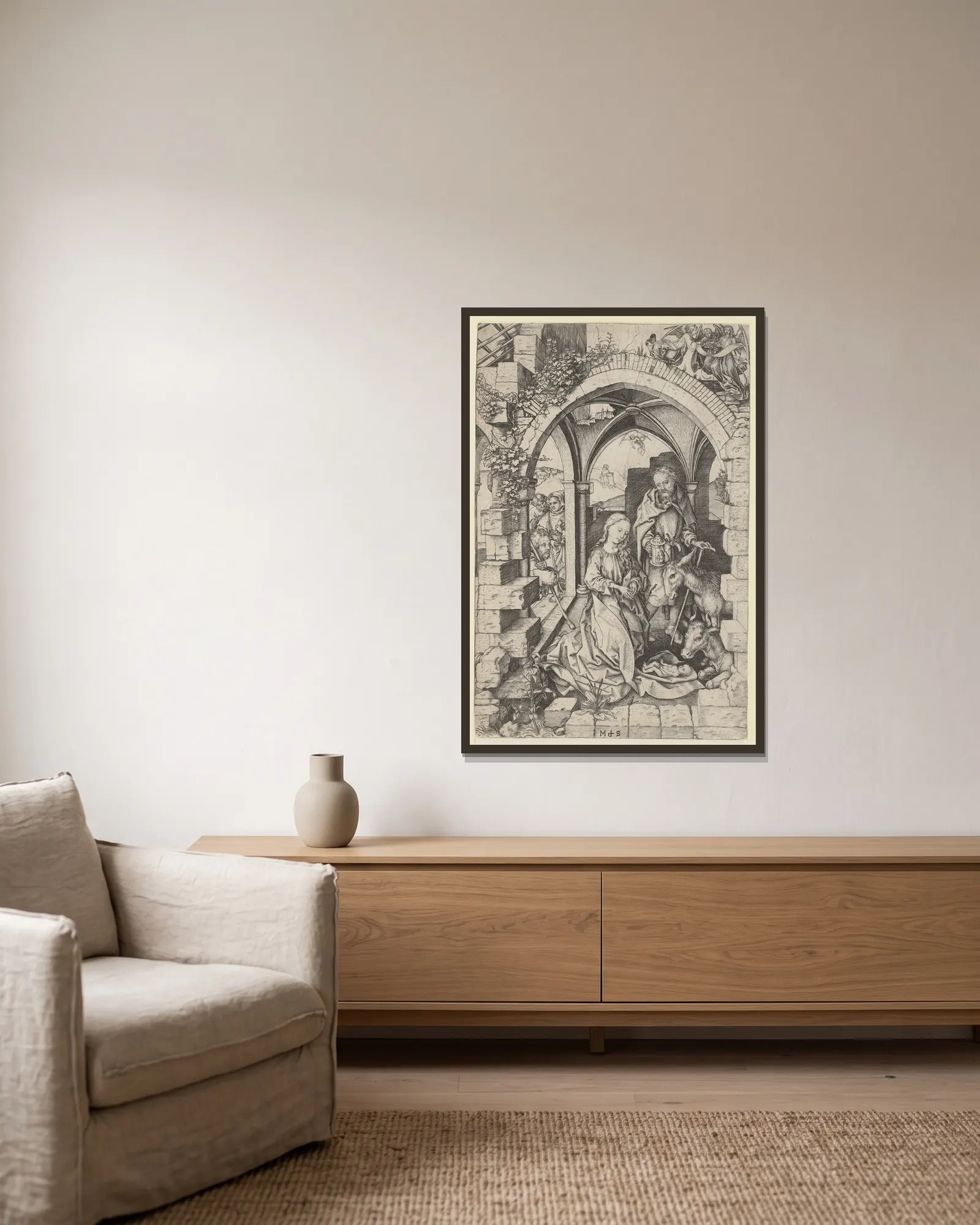 The Nativity av Martin Schongauer inramad på en vägg