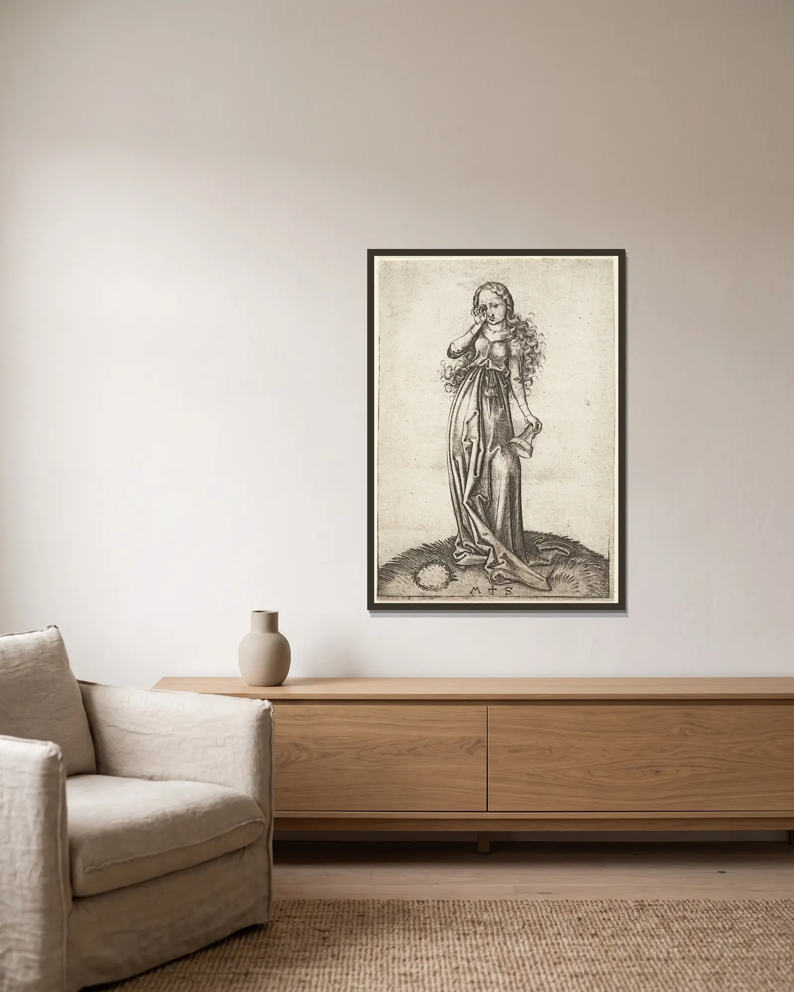 The third foolish Virgin av Martin Schongauer inramad på en vägg