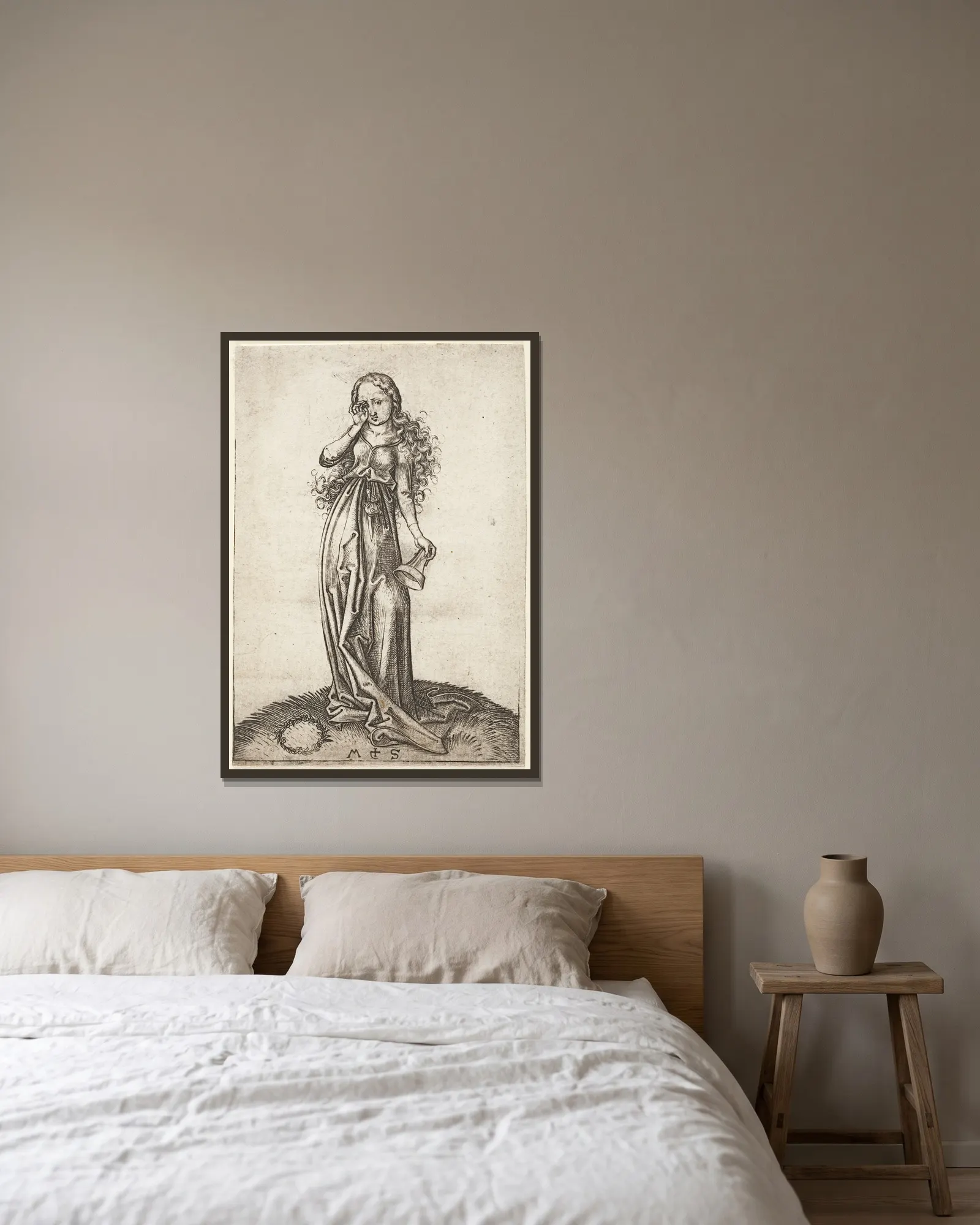The third foolish Virgin av Martin Schongauer inramad på en vägg