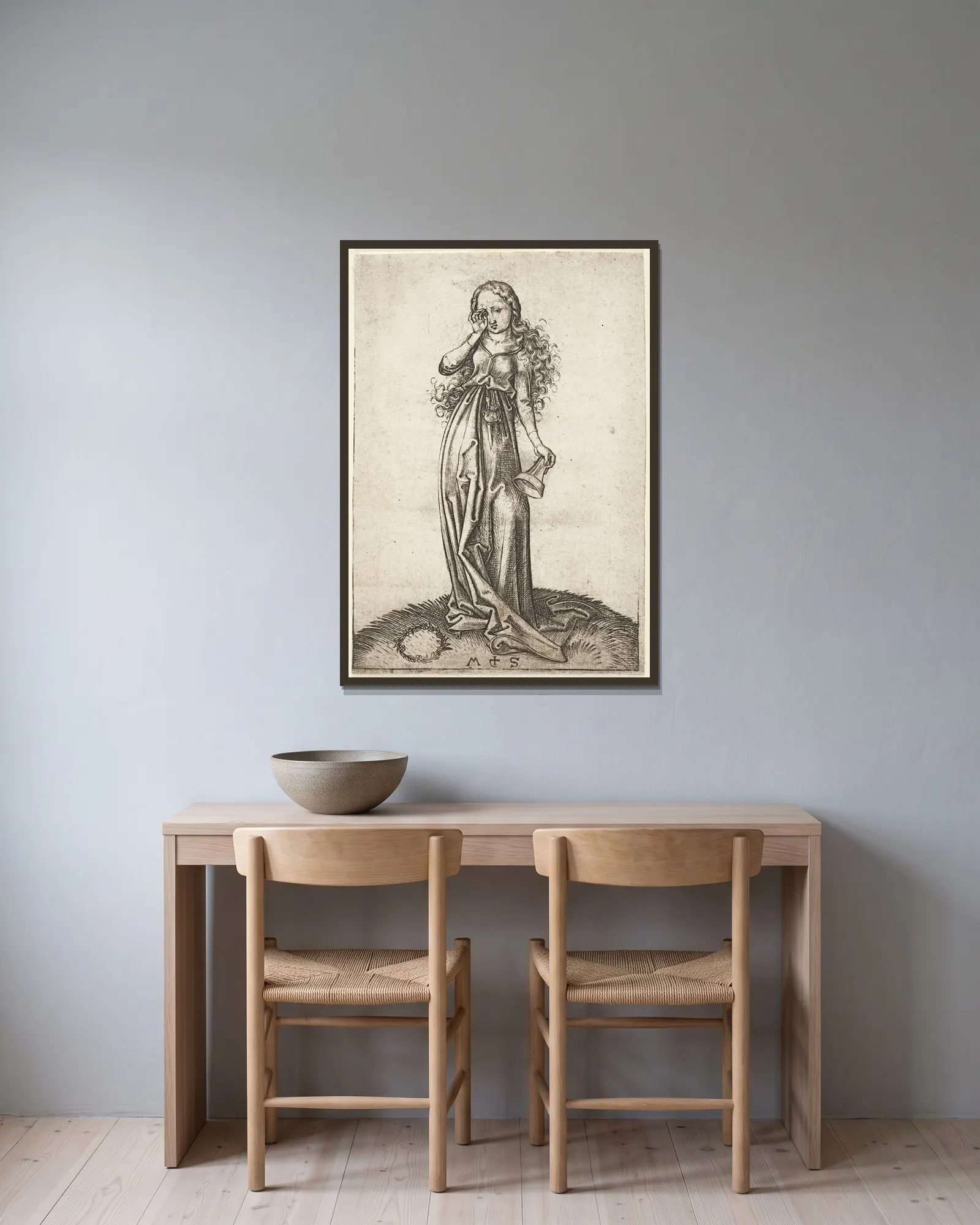 The third foolish Virgin av Martin Schongauer inramad på en vägg