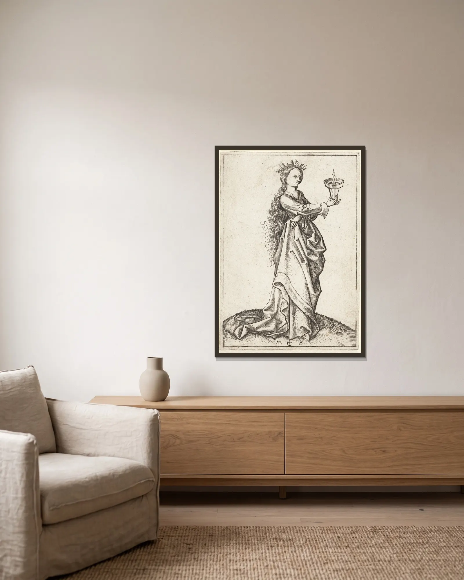 The third wise Virgin av Martin Schongauer inramad på en vägg