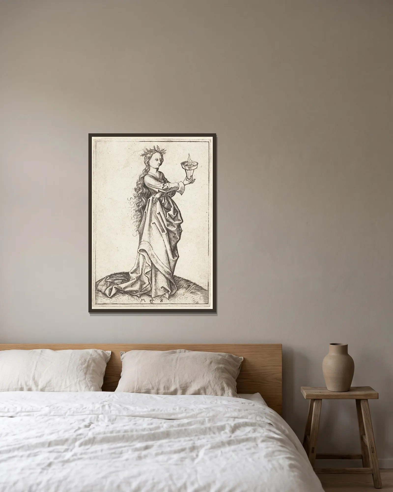 The third wise Virgin av Martin Schongauer inramad på en vägg