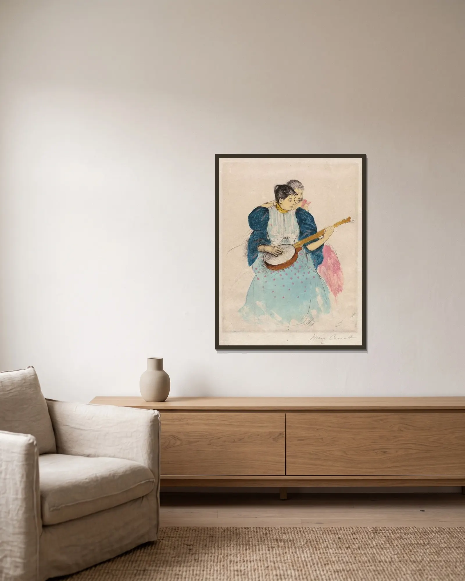 The Banjo Lesson av Mary Cassatt inramad på en vägg