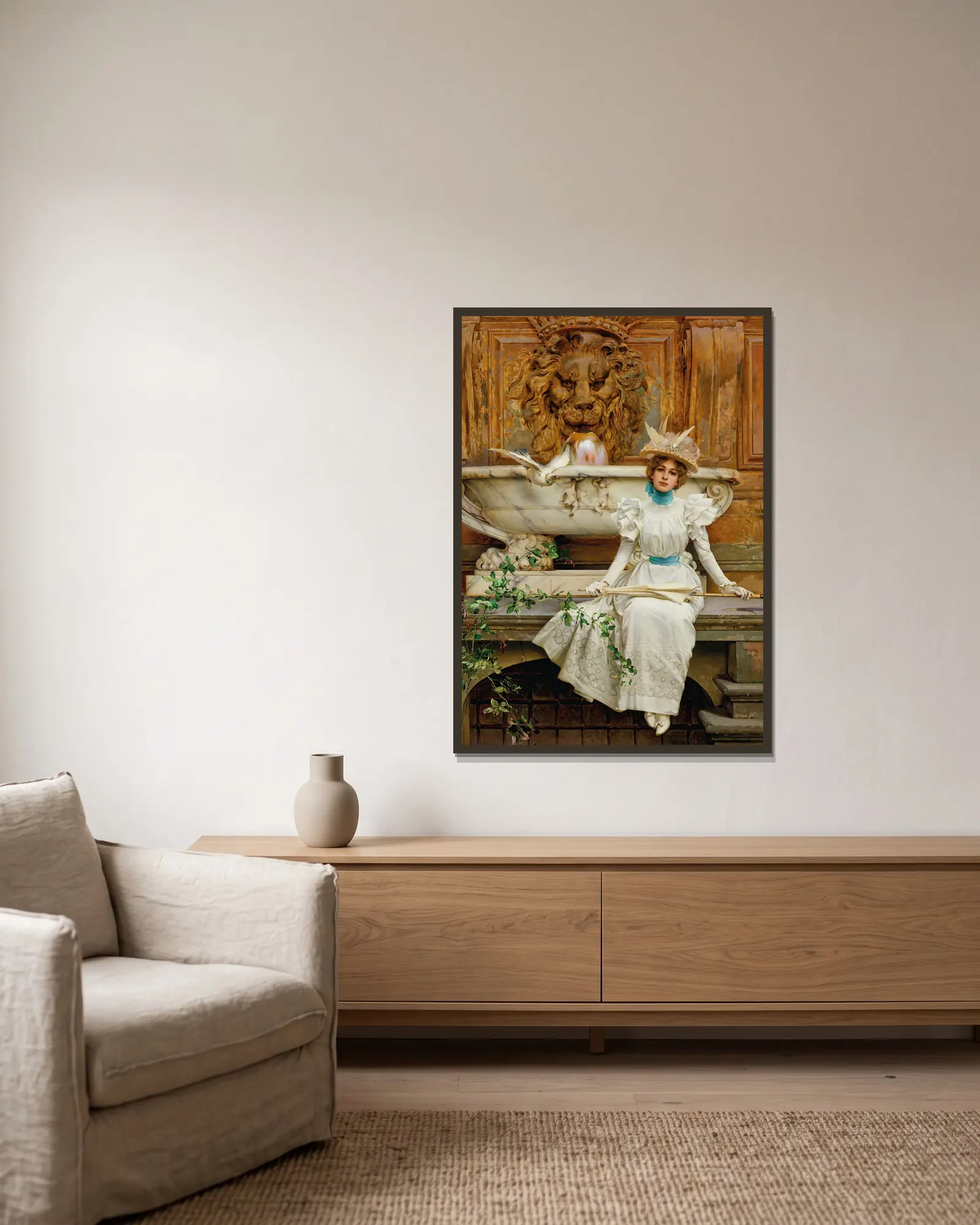 Alla fontana (Le due colombe) av Vittorio Matteo Corcos inramad på en vägg