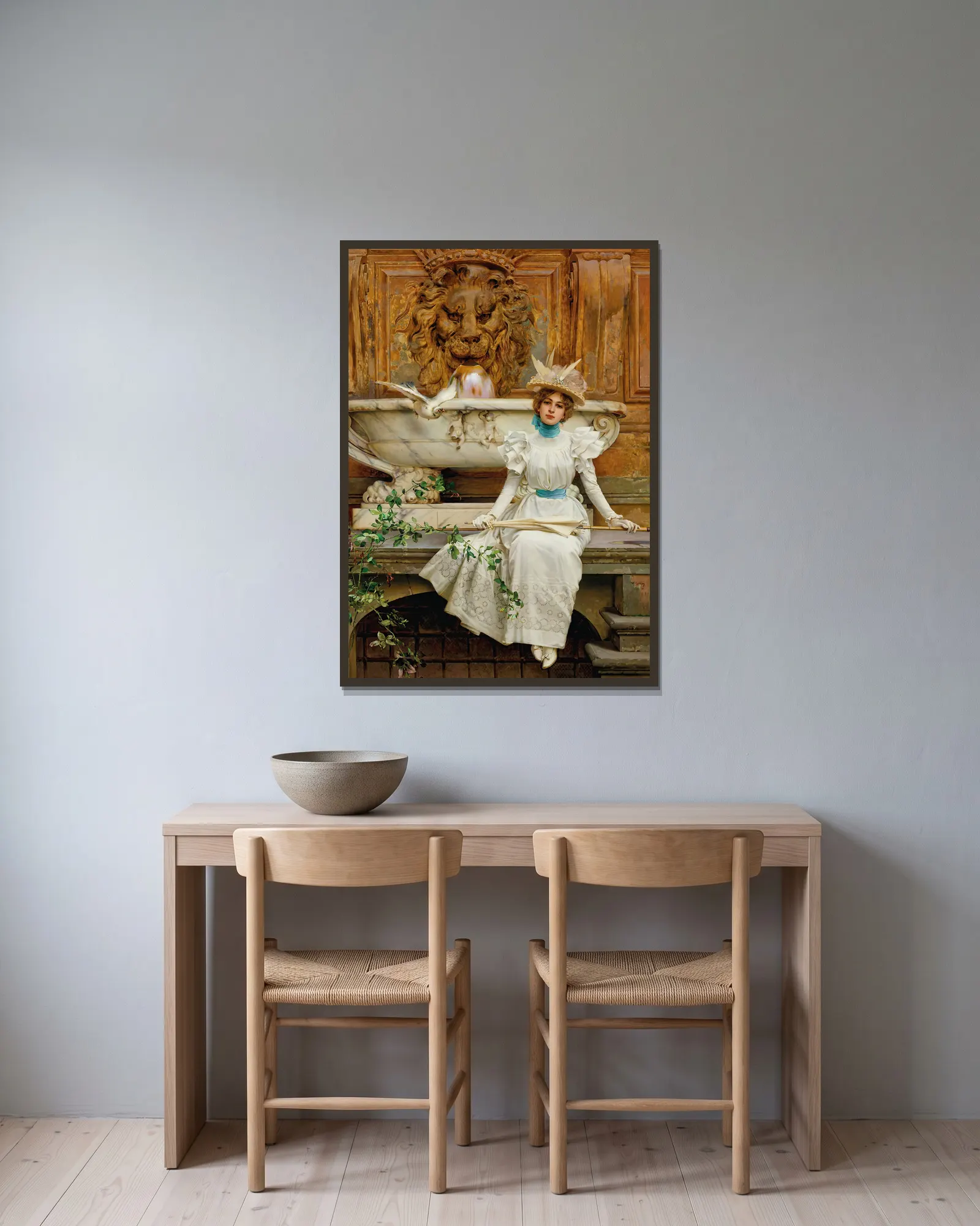 Alla fontana (Le due colombe) av Vittorio Matteo Corcos inramad på en vägg