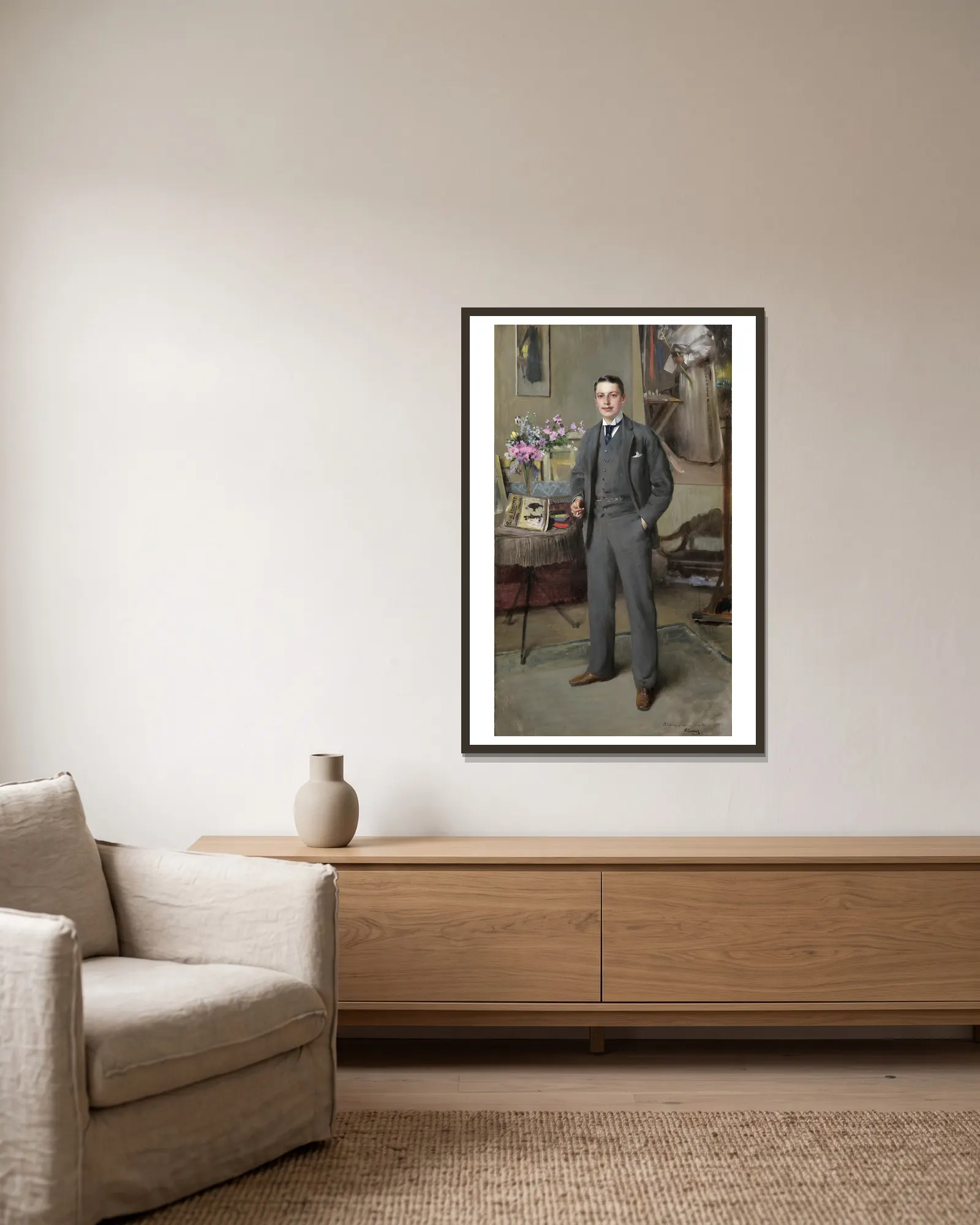Herrenportrait av Vittorio Matteo Corcos inramad på en vägg