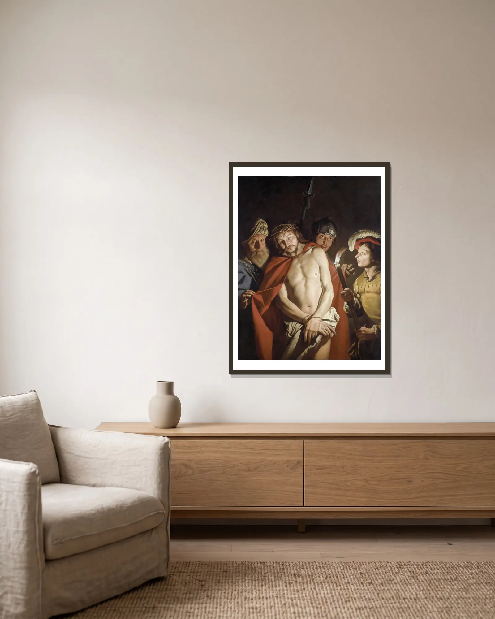 Ecce Homo av Matthias Stom inramad på en vägg