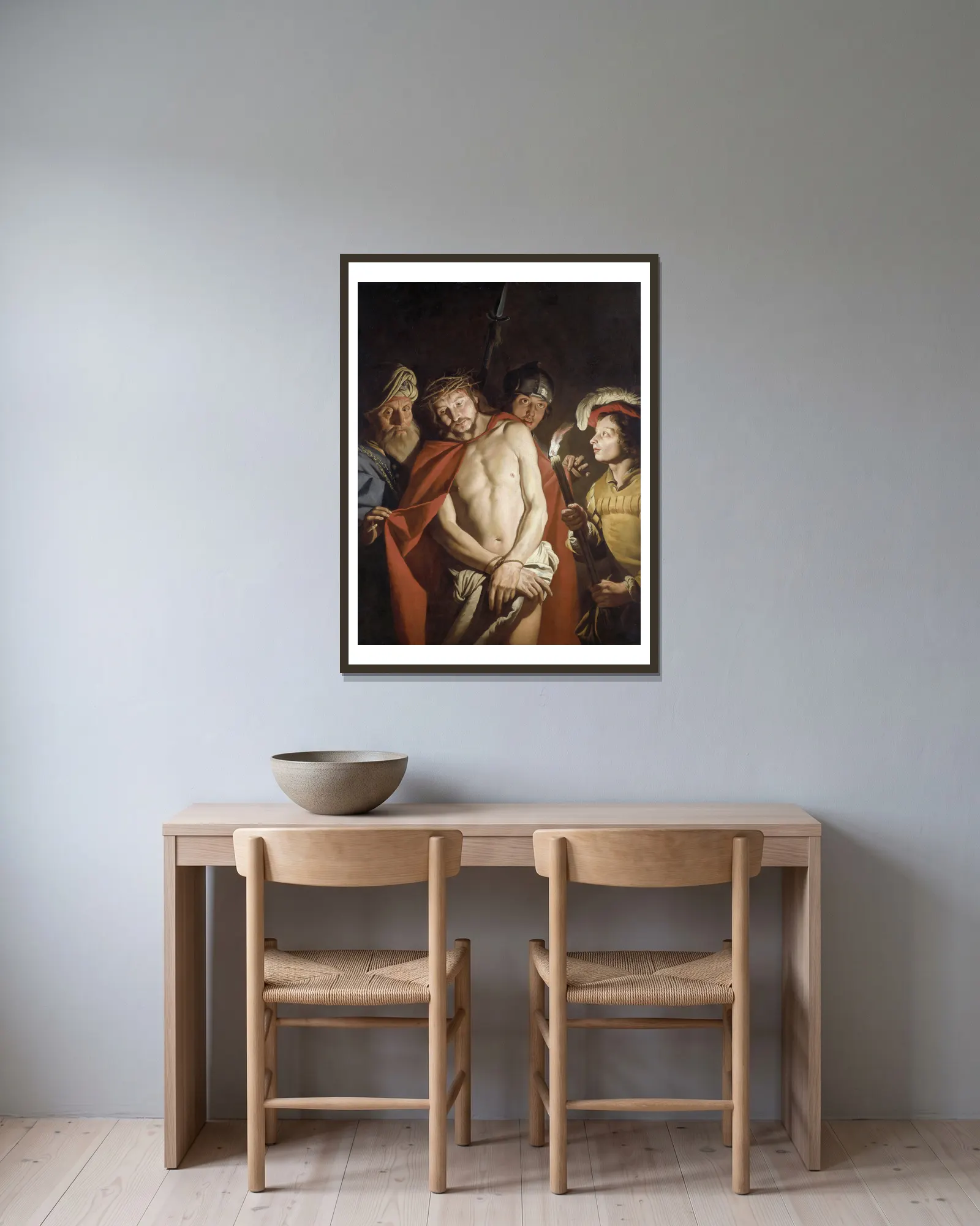 Ecce Homo av Matthias Stom inramad på en vägg