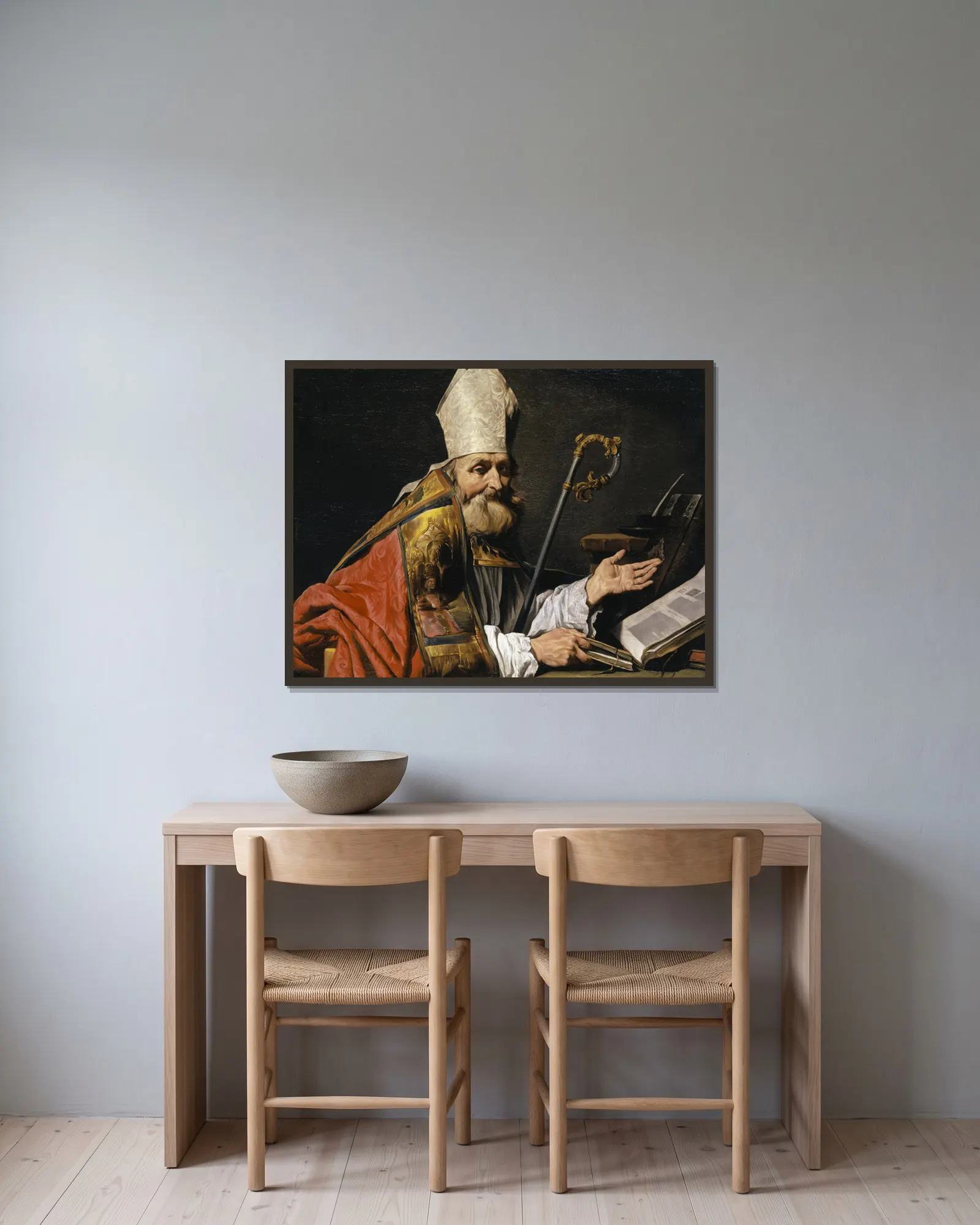 Saint Ambrose av Matthias Stom inramad på en vägg