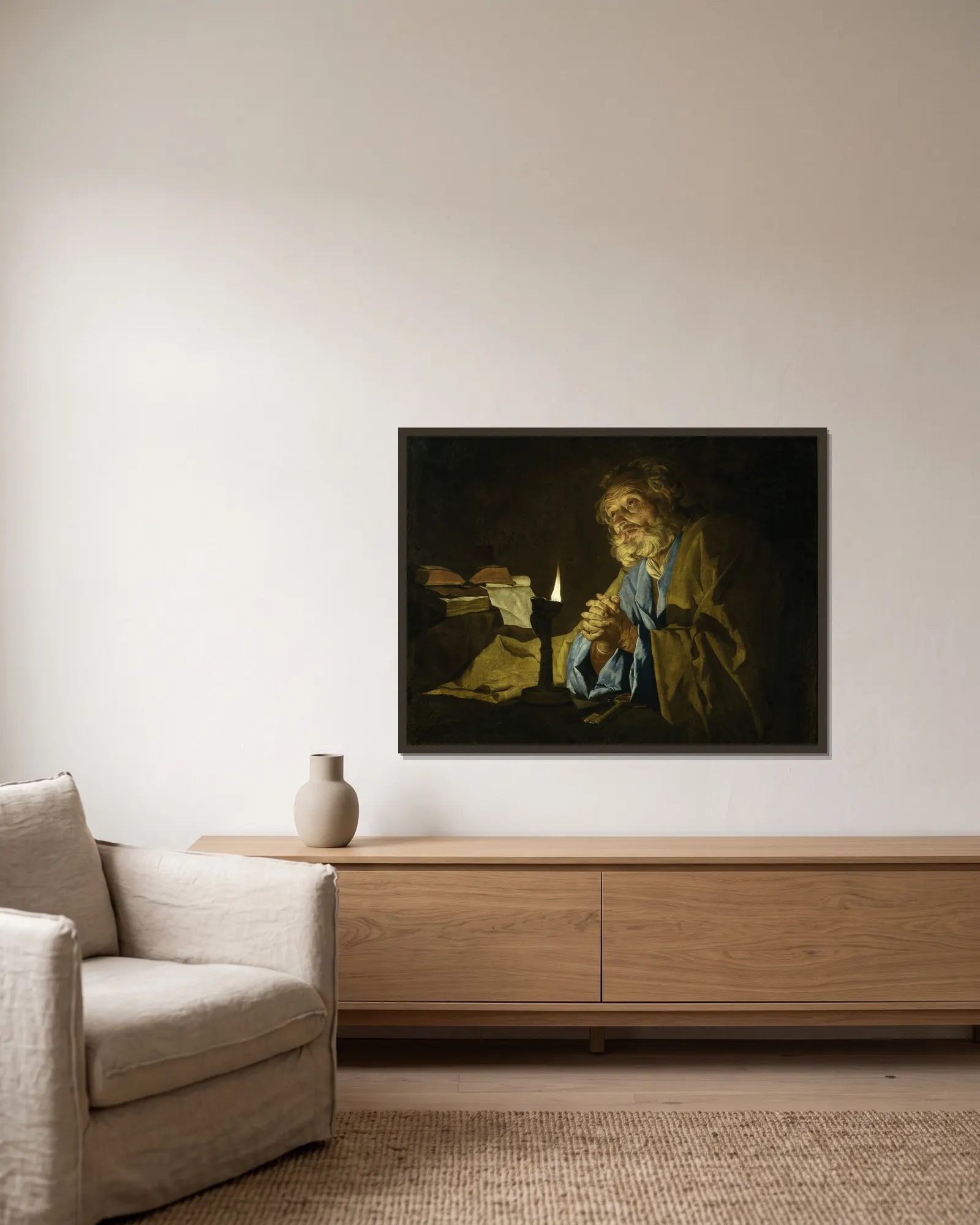 Saint Peter in prayer av Matthias Stom inramad på en vägg