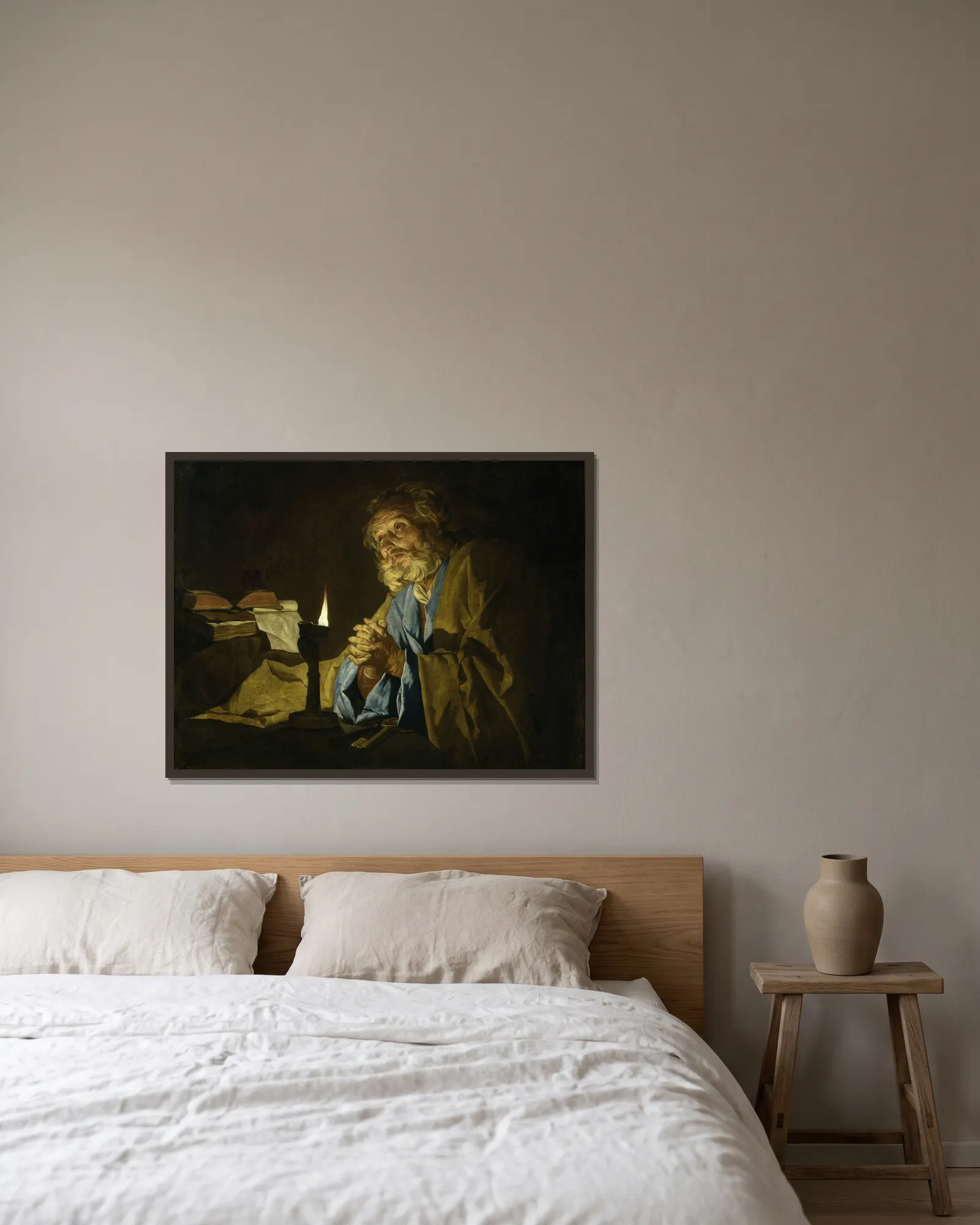 Saint Peter in prayer av Matthias Stom inramad på en vägg