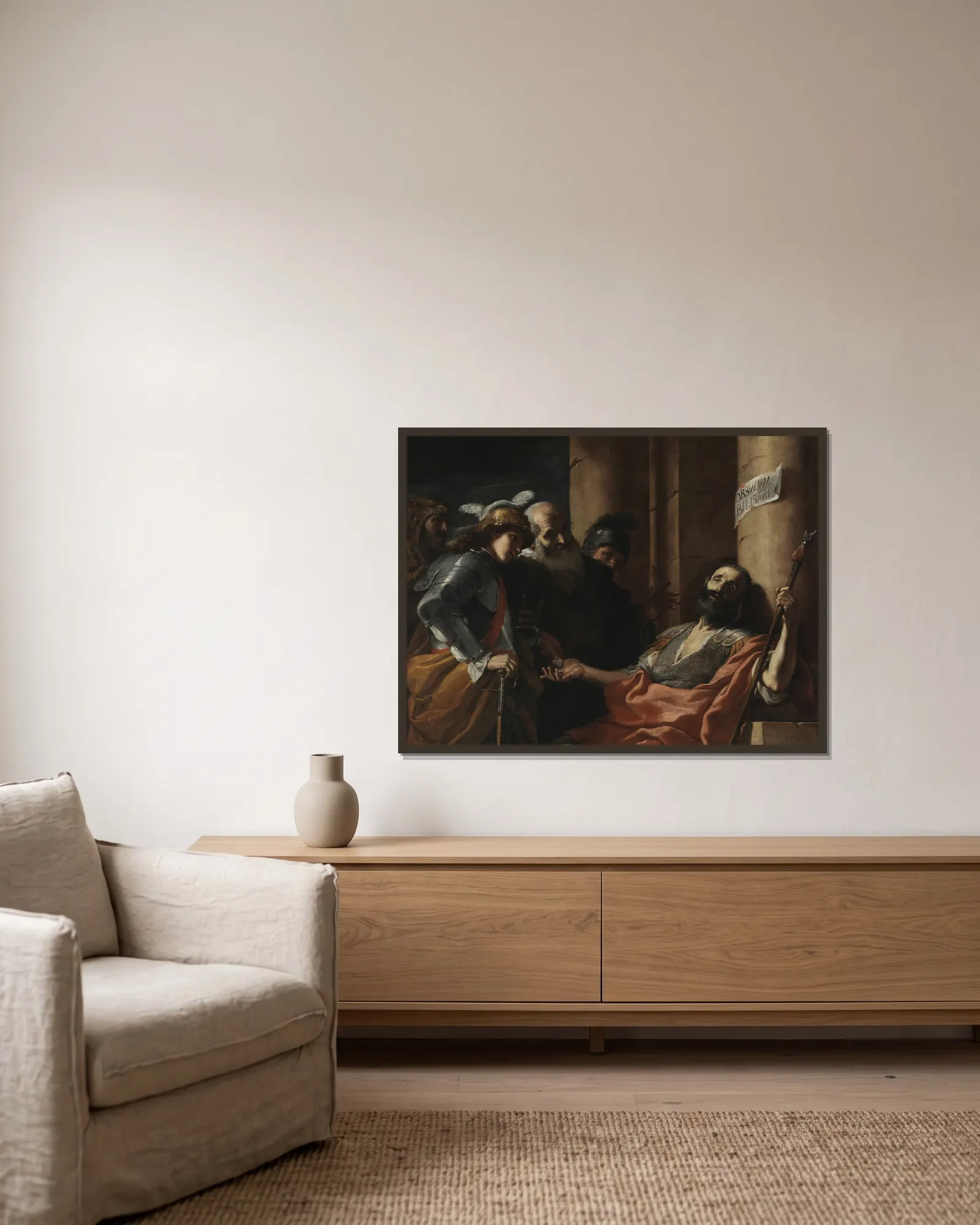 Belisarius Receiving Alms av Mattia Preti inramad på en vägg