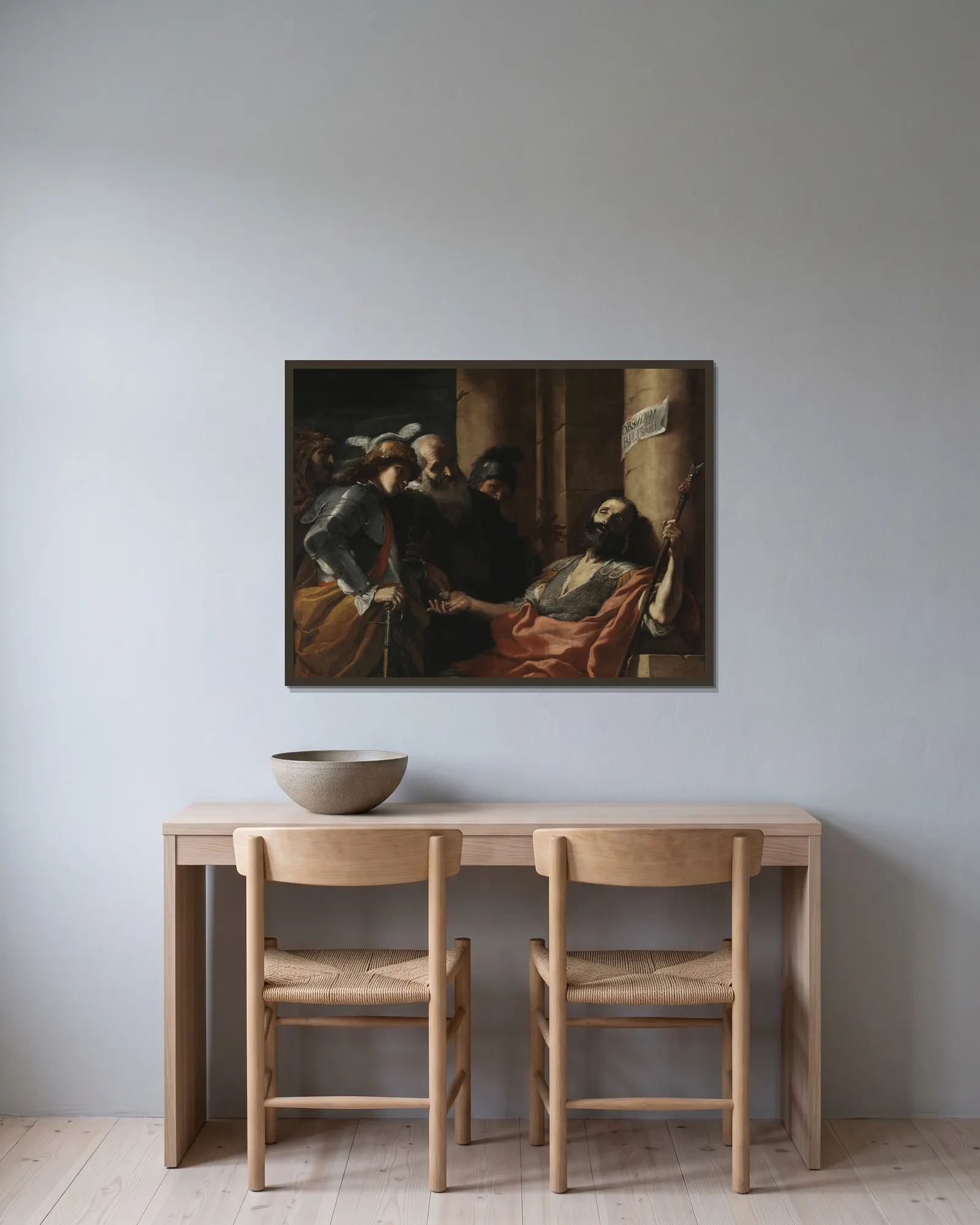 Belisarius Receiving Alms av Mattia Preti inramad på en vägg