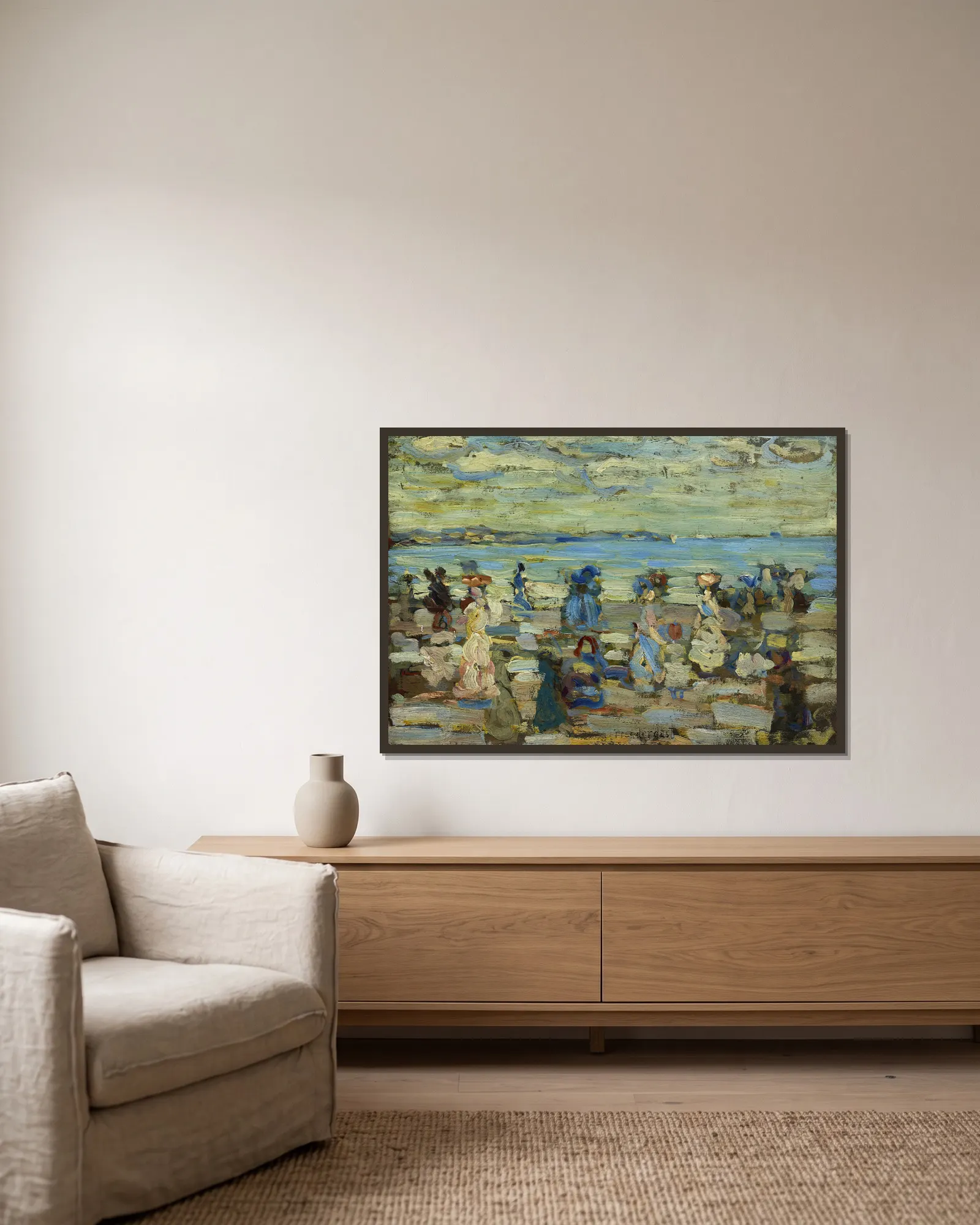 Beach Scene av Maurice Prendergast inramad på en vägg