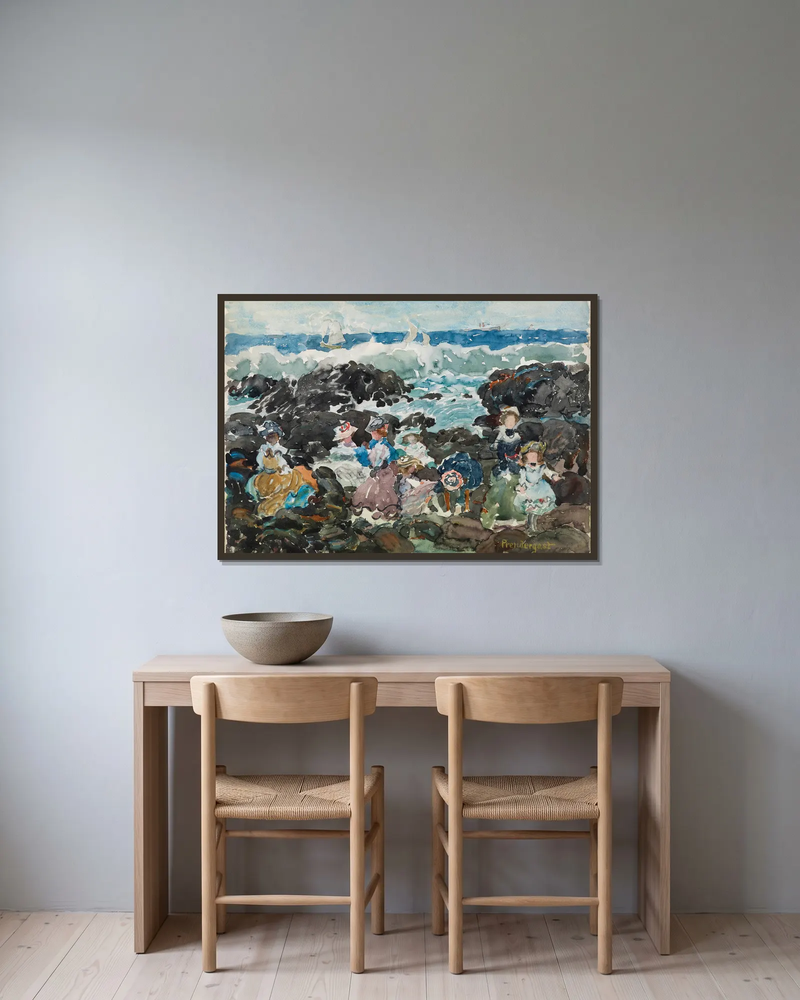 Surf, Cohasset (c.1900–5) av Maurice Prendergast inramad på en vägg