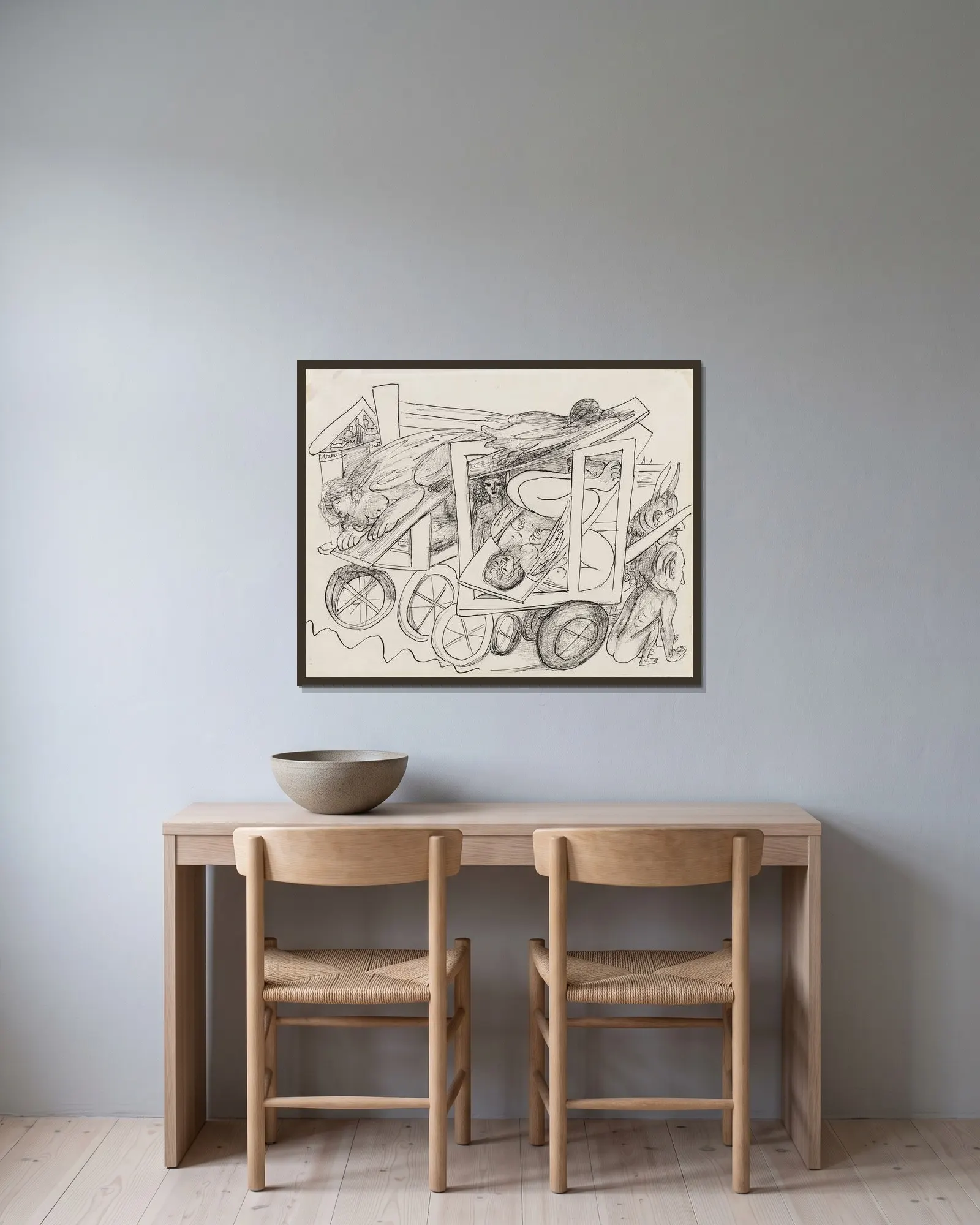 Abtransport der Sphinxe av Max Beckmann inramad på en vägg