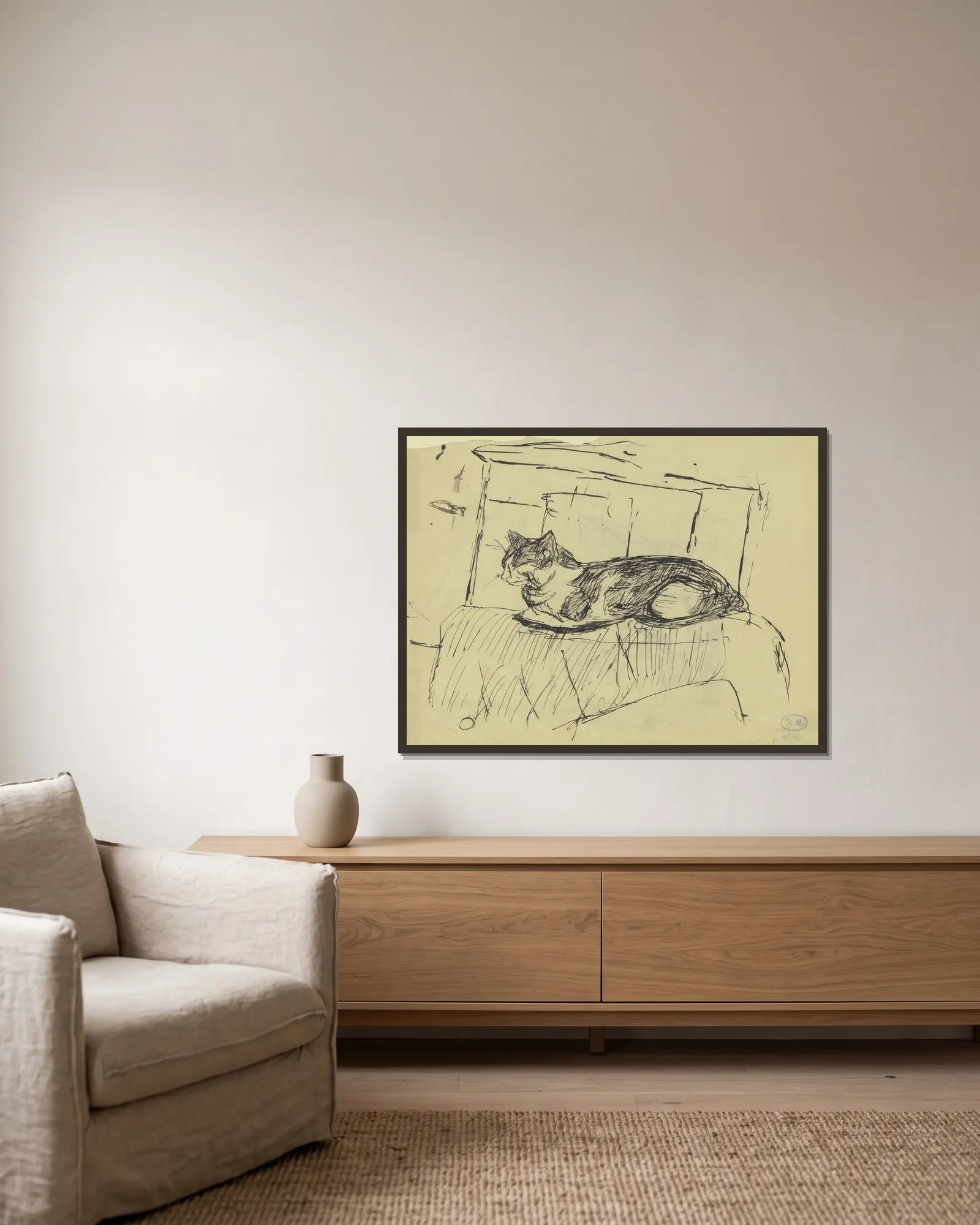 Auf einem Möbelstück liegende Katze av Max Beckmann inramad på en vägg