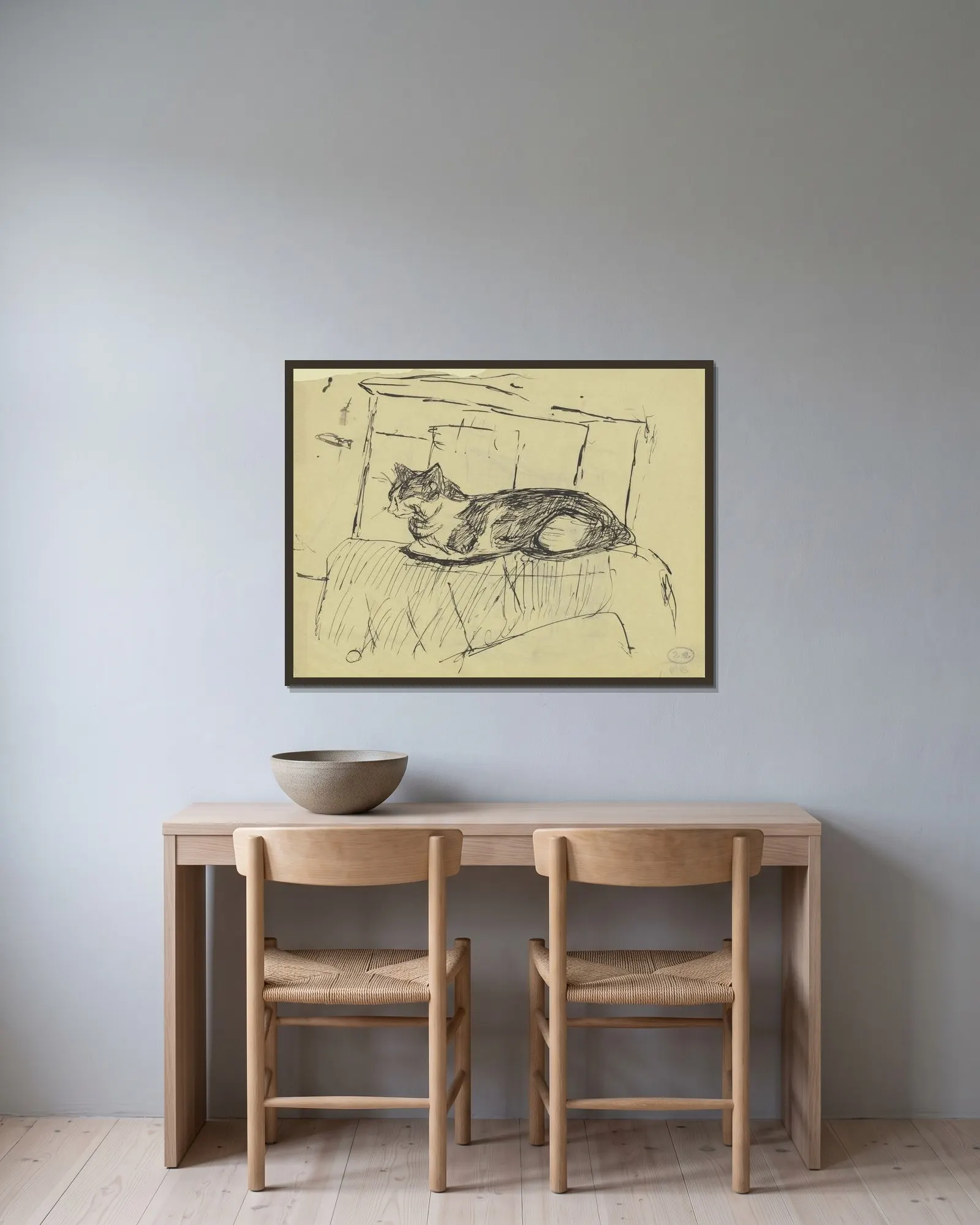 Auf einem Möbelstück liegende Katze av Max Beckmann inramad på en vägg