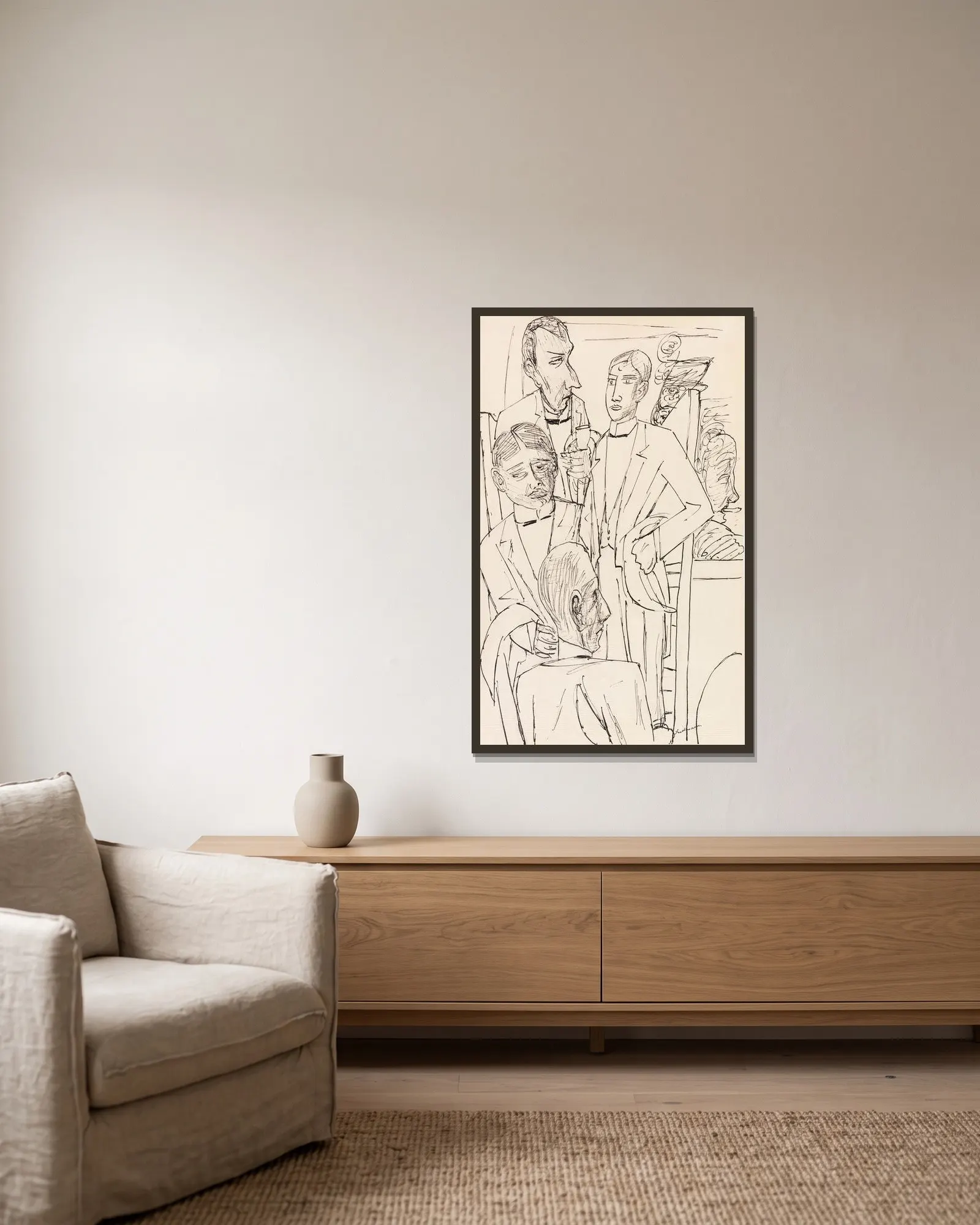 Die großen Kellner av Max Beckmann inramad på en vägg