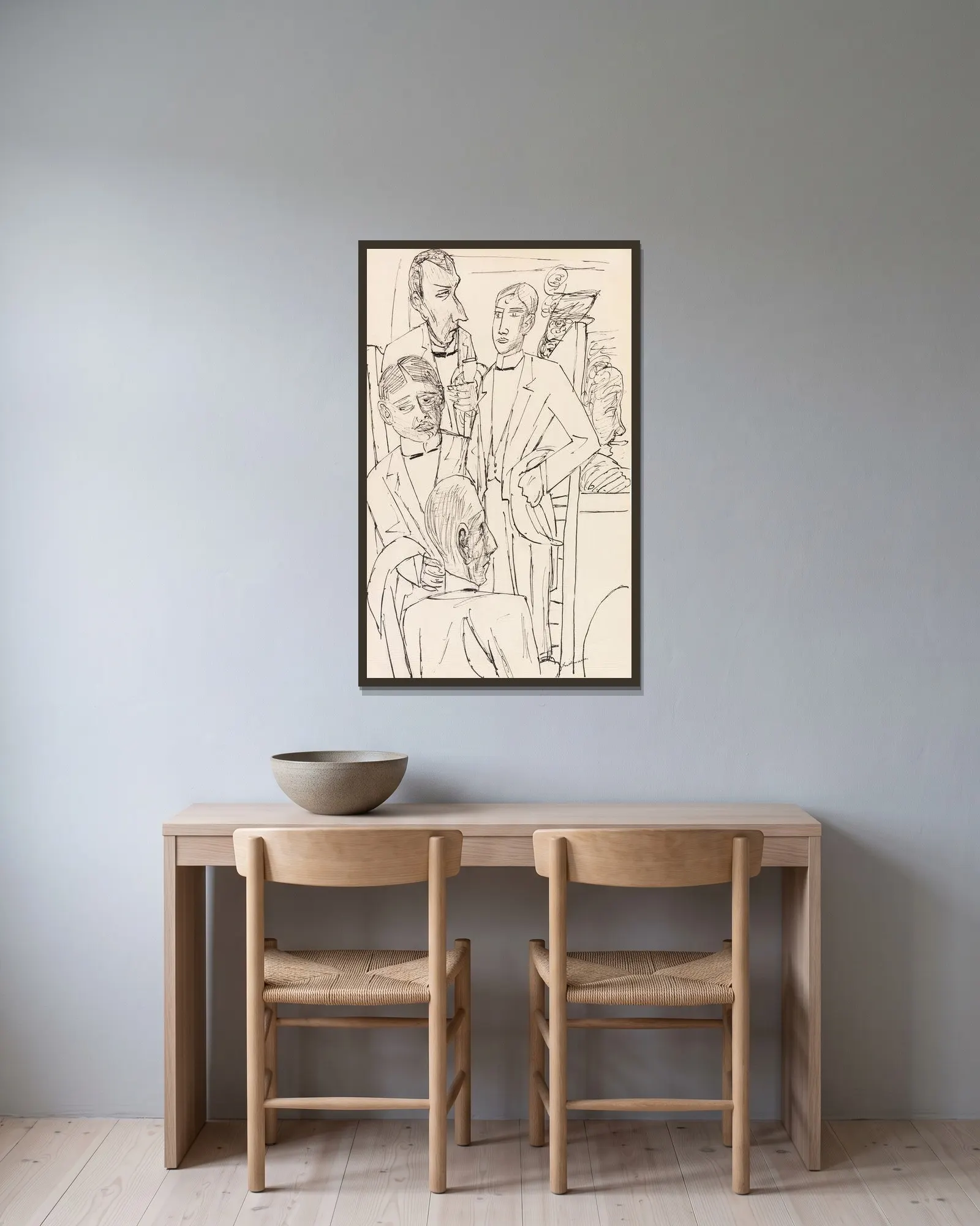 Die großen Kellner av Max Beckmann inramad på en vägg