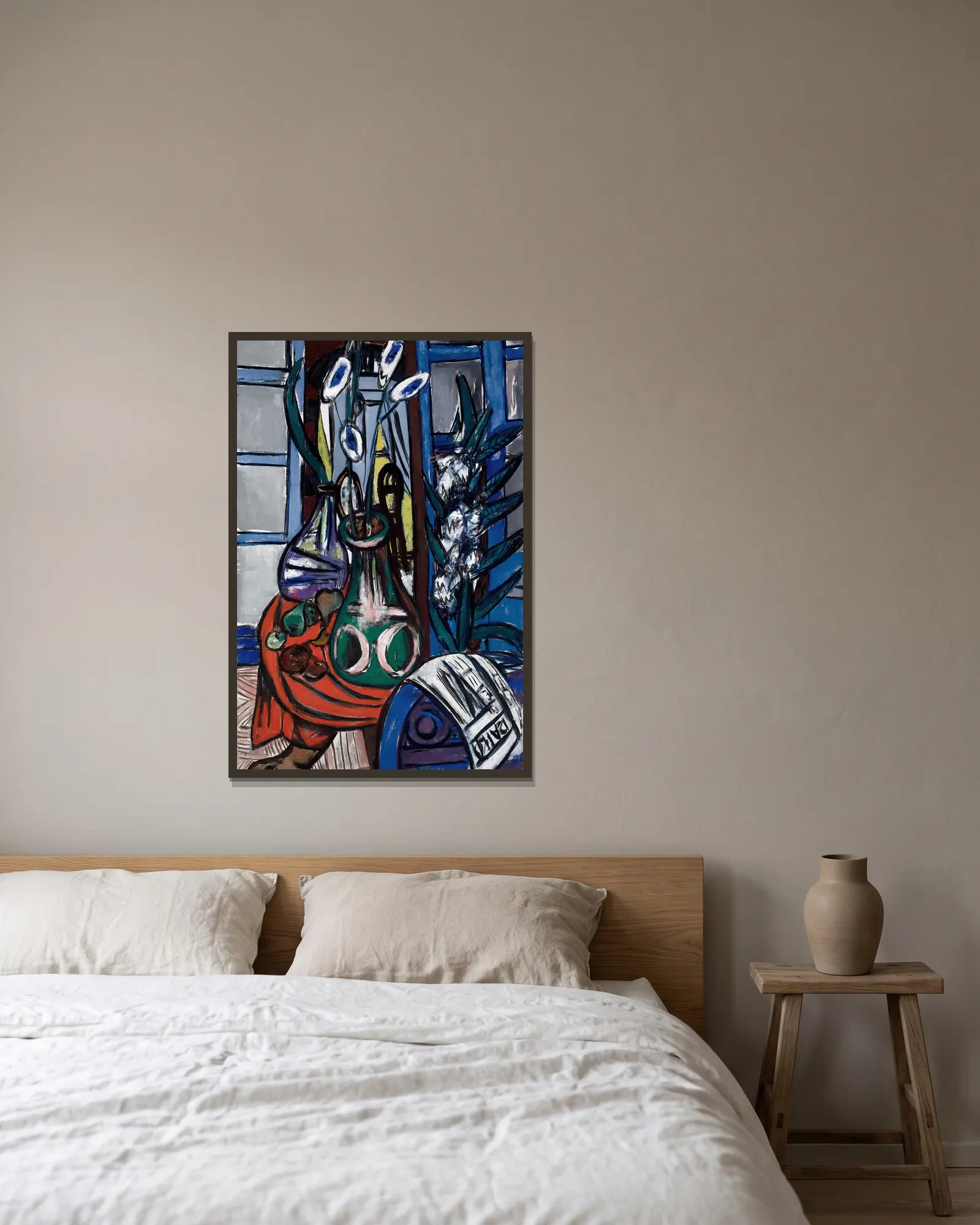 Large Still Life Interior (Blue) av Max Beckmann inramad på en vägg