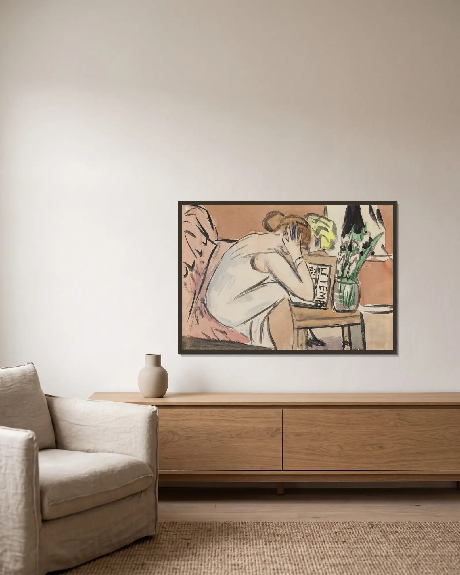 o.T. (Zwei lesende Mädchen) av Max Beckmann inramad på en vägg