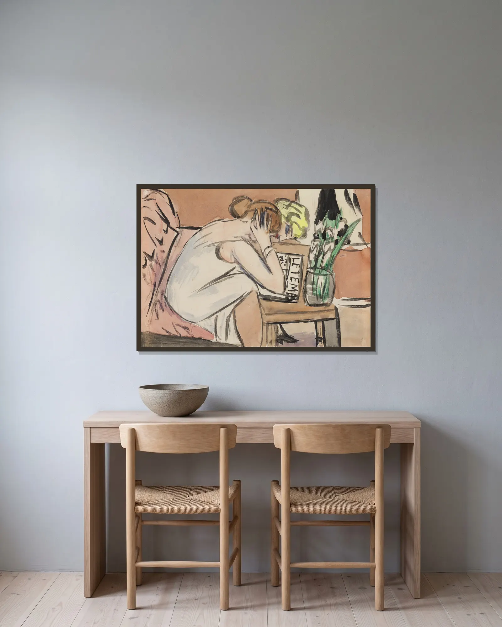 o.T. (Zwei lesende Mädchen) av Max Beckmann inramad på en vägg