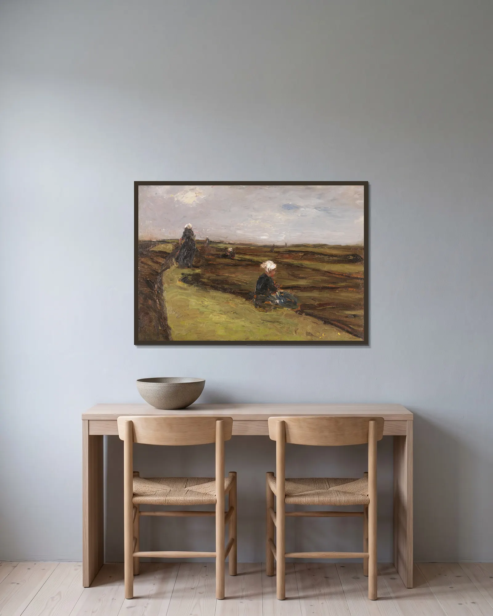 Die Netzflickerinnen av Max Liebermann inramad på en vägg