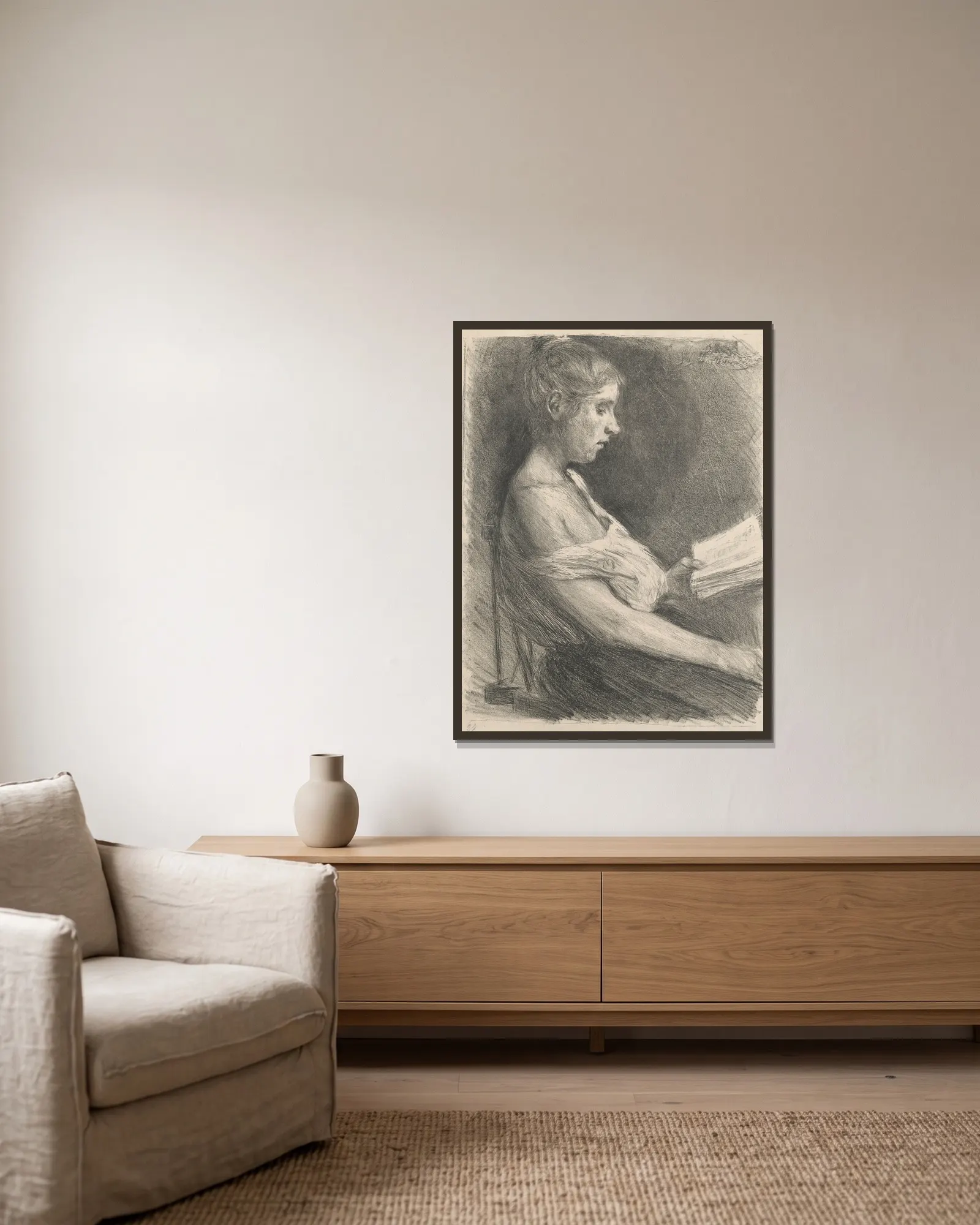 Lesendes Mädchen (Anna-Christine Mattuschka-Grisebach) av Max Liebermann inramad på en vägg