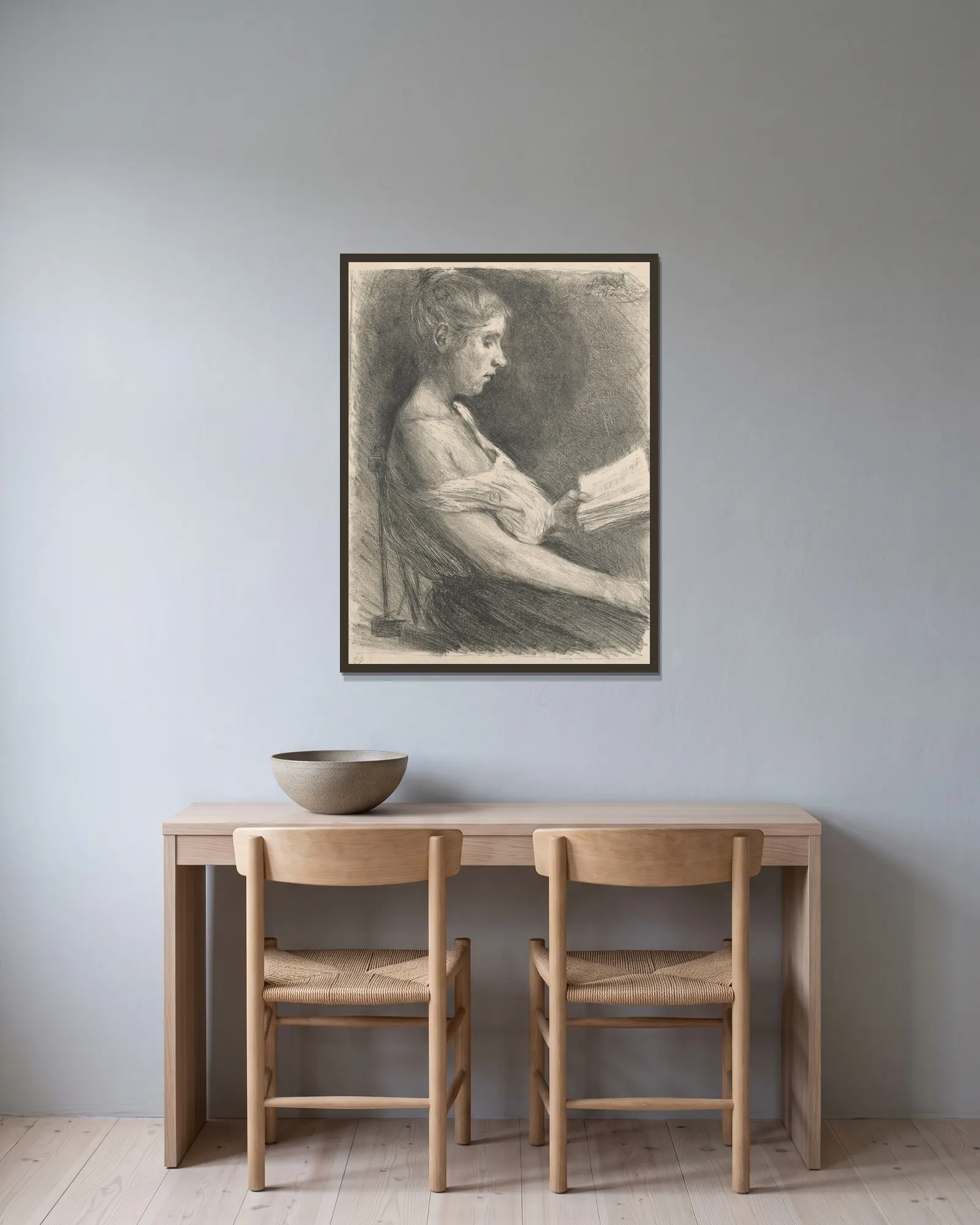 Lesendes Mädchen (Anna-Christine Mattuschka-Grisebach) av Max Liebermann inramad på en vägg