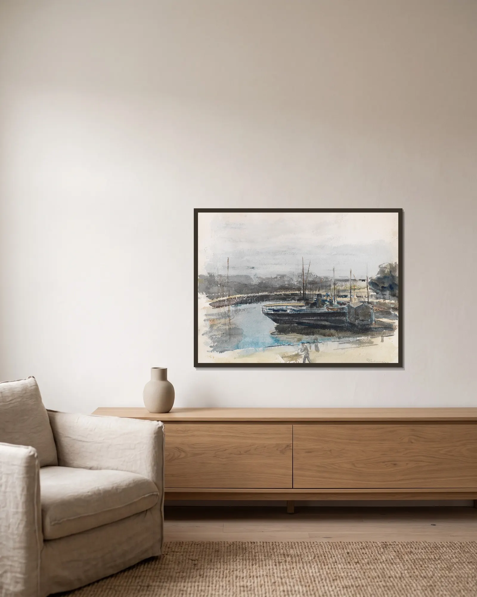 Quai in Hamburg av Max Liebermann inramad på en vägg